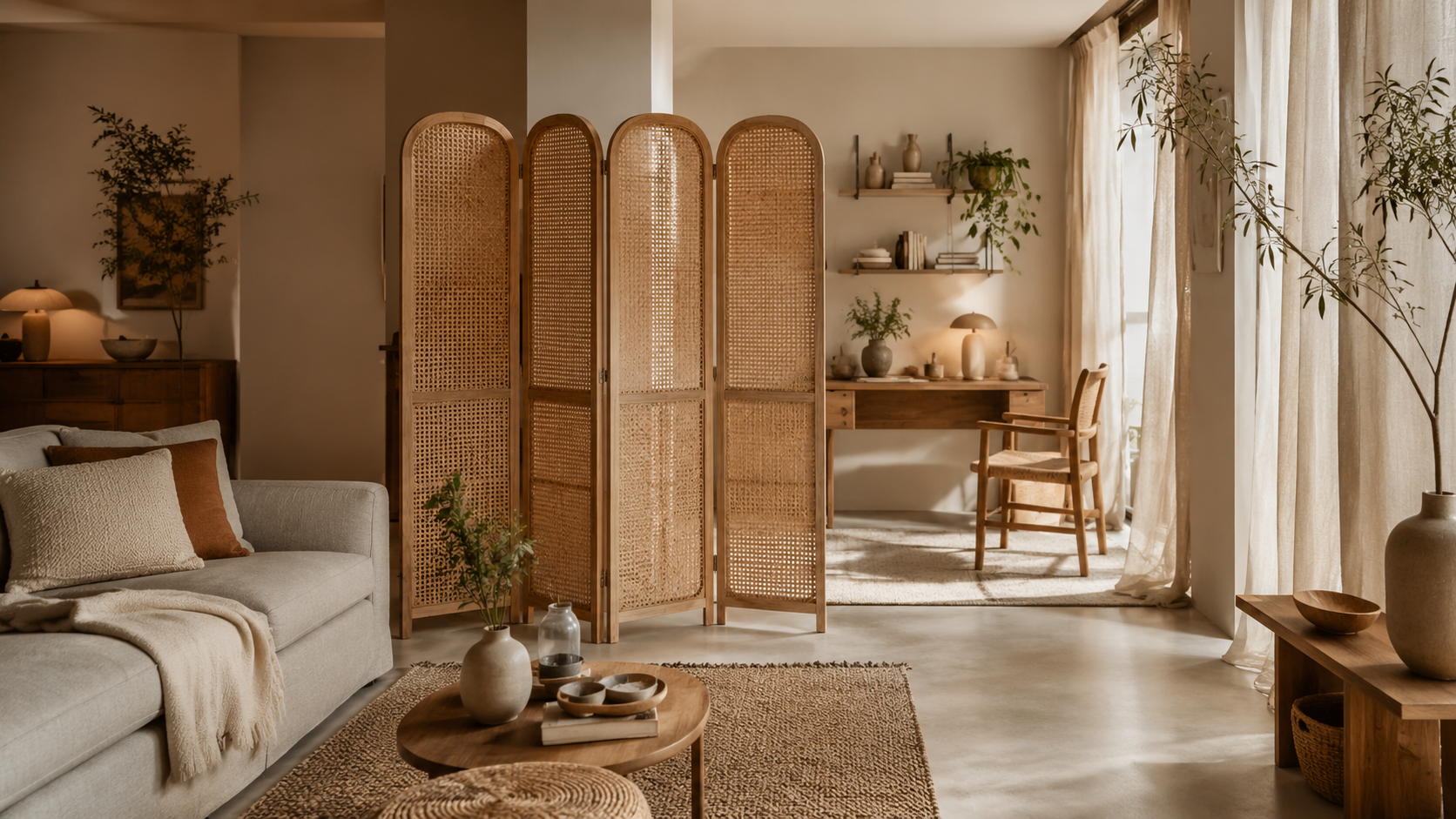 Paravent intérieur en cannage séparant élégamment un salon lumineux d’un coin bureau, avec rideaux légers, mobilier en bois et ambiance naturelle cocooning.