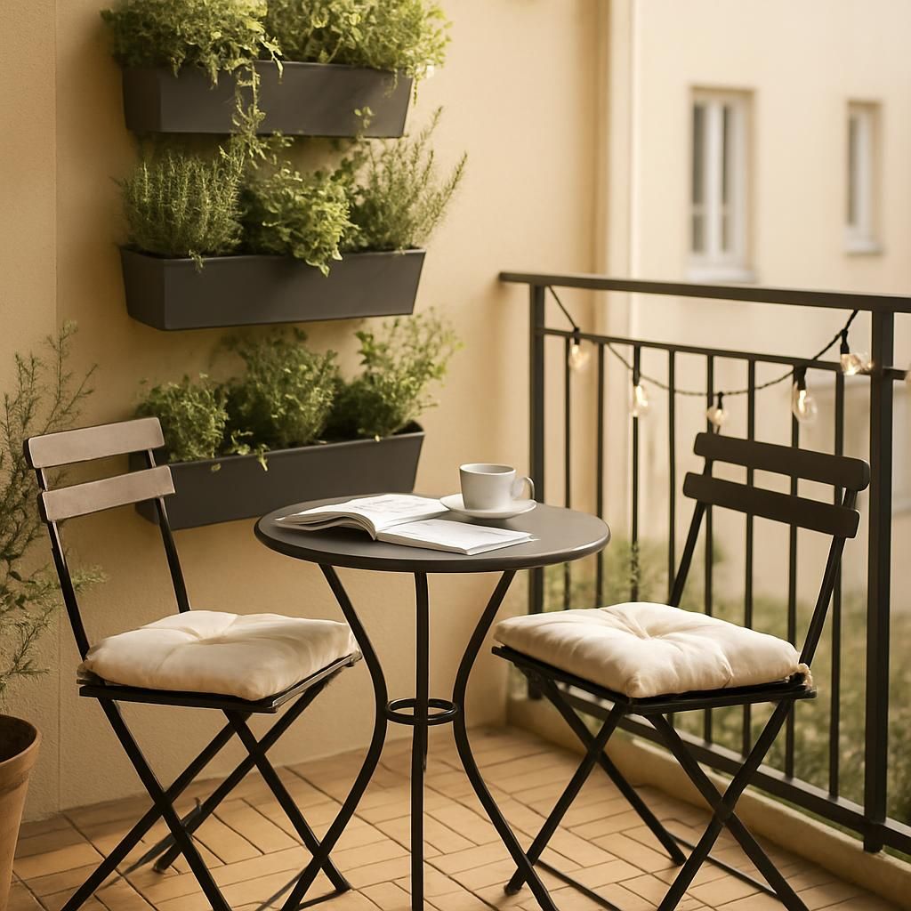 Décoration d'un petit balcon avec des plantes et mobilier adapté