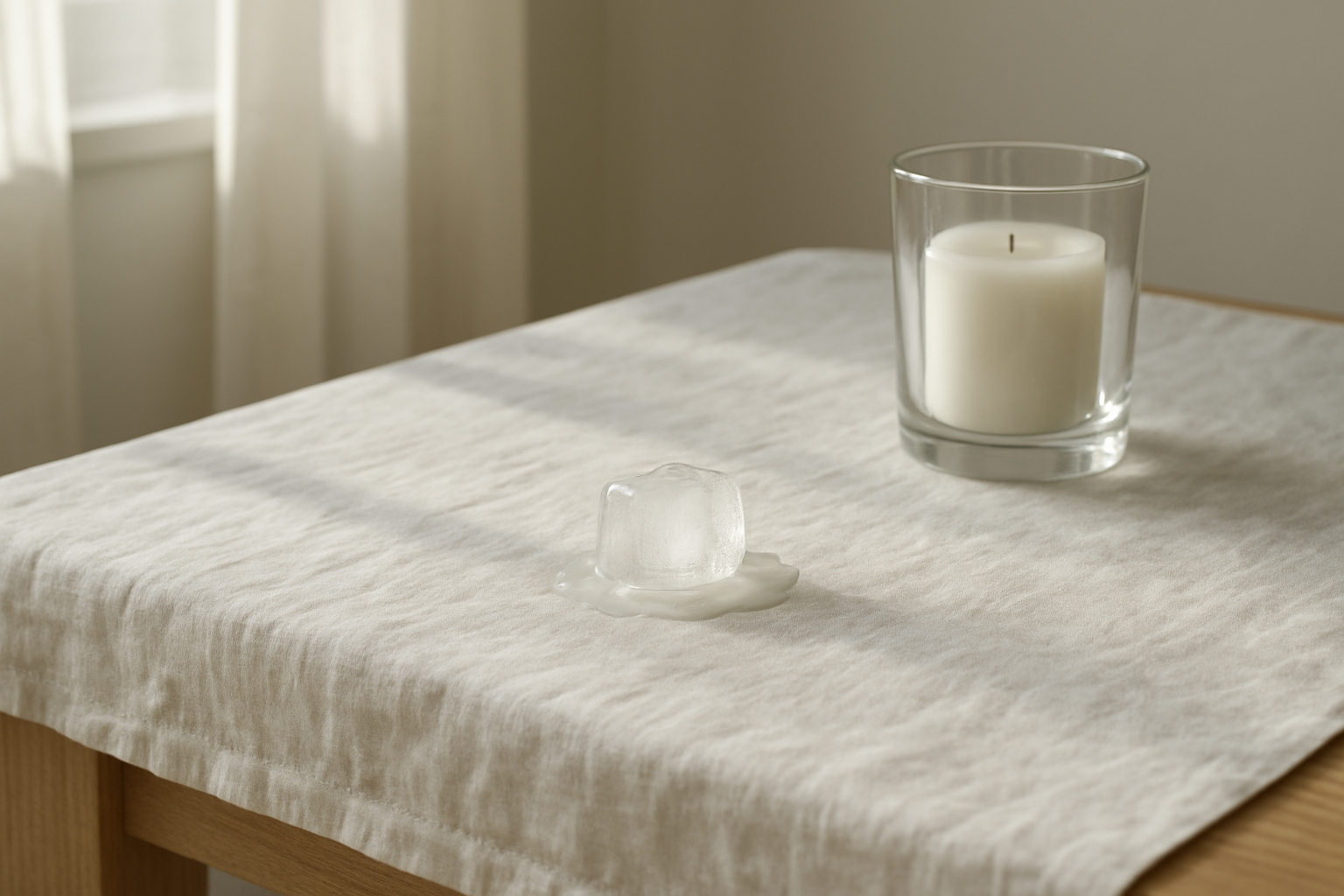 Nappe en lin blanc avec une tache de cire de bougie, un glaçon posé dessus pour durcir la cire, près d'une bougie éteinte