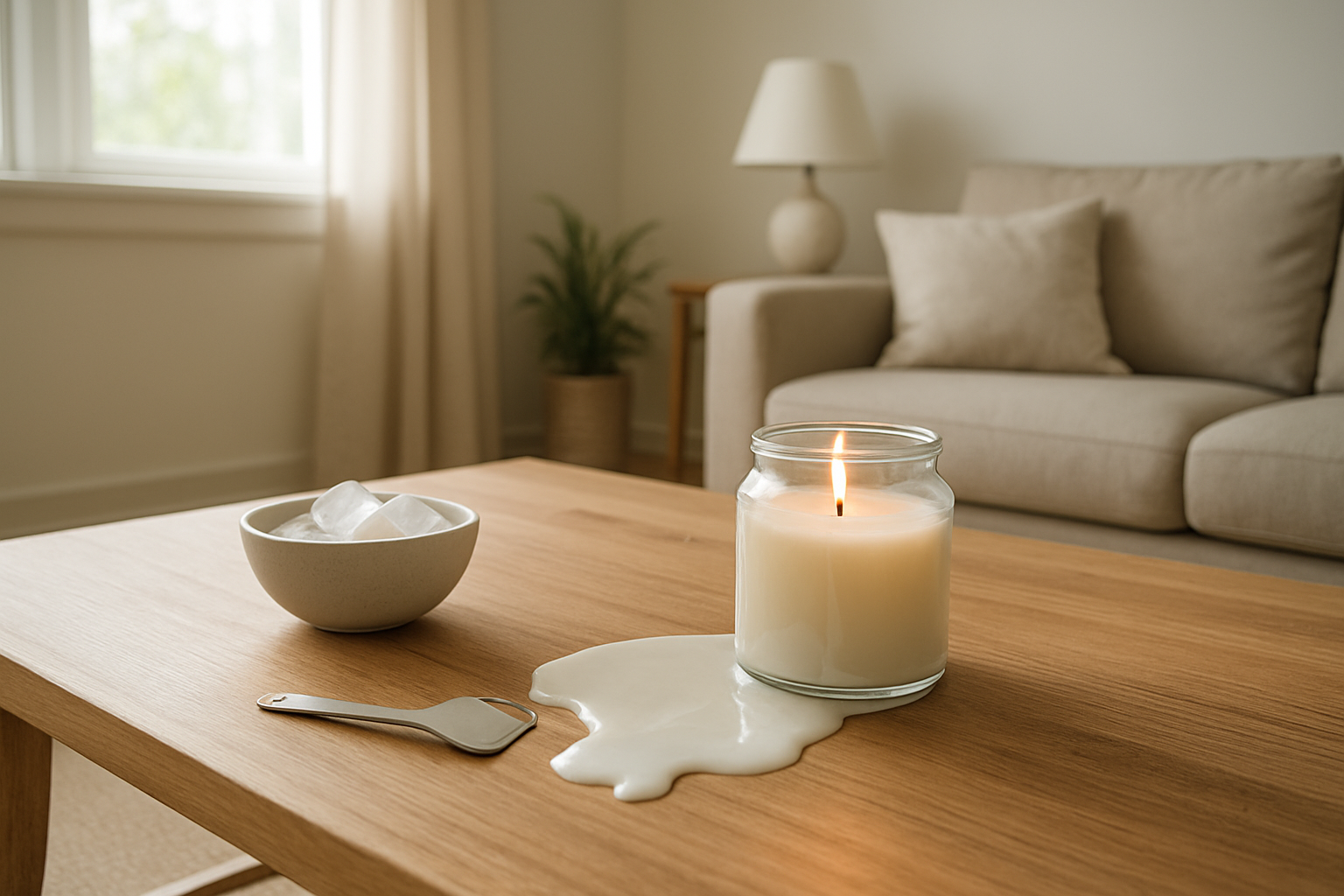 Table en bois avec cire de bougie renversée à côté d'un bol de glaçons et d'une spatule pour l'enlever