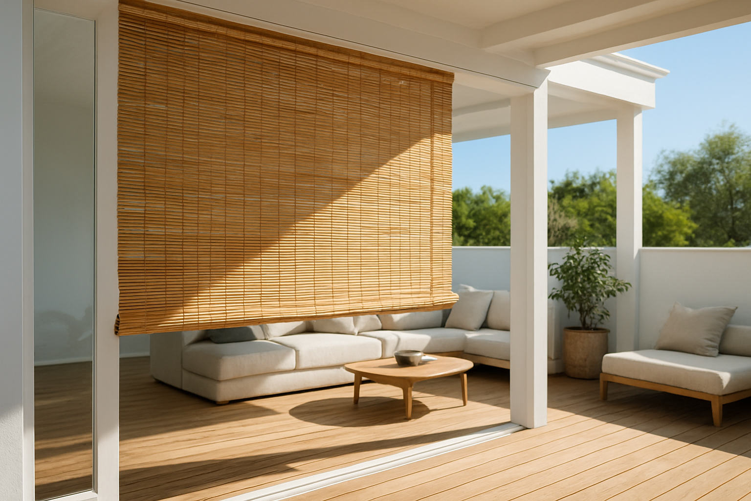 Store enrouleur extérieur en bambou partiellement baissé sur une terrasse en bois, avec salon de jardin moderne et lumière naturelle.