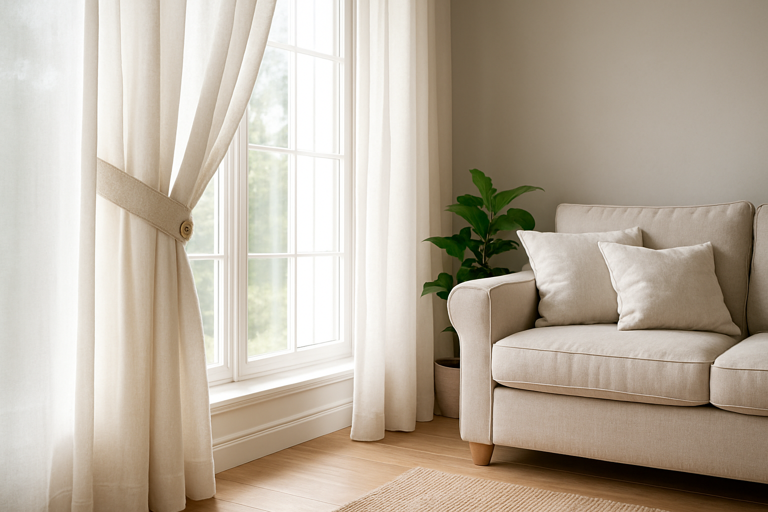 Rideaux en lin blanc retenus par une embrasse en tissu beige à bouton, dans un salon lumineux avec canapé et plante verte.