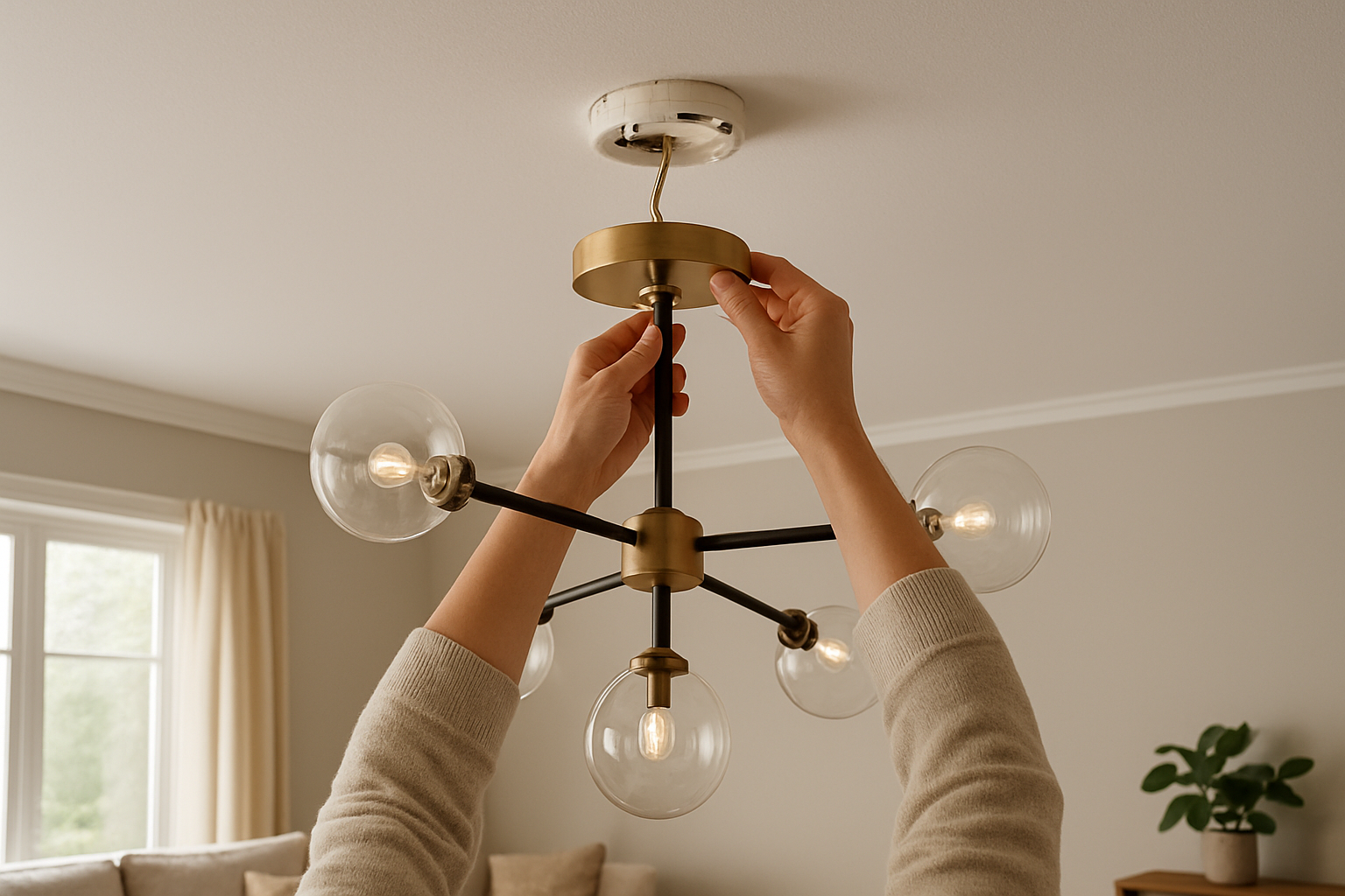 Installation d'un lustre moderne sur un boîtier DCL au plafond blanc, sans crochet, avec des mains en action.