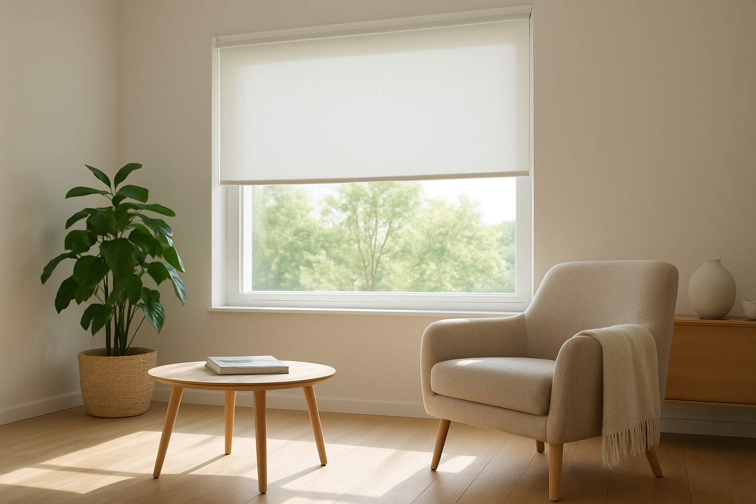 Store enrouleur blanc installé sur une fenêtre de salon, avec lumière naturelle et décoration scandinave minimaliste