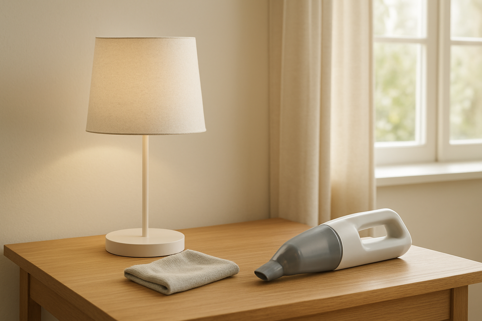Lampe de chevet avec abat-jour en carton blanc posée sur une table en bois, éclairée par la lumière du jour, avec accessoires de nettoyage à côté.