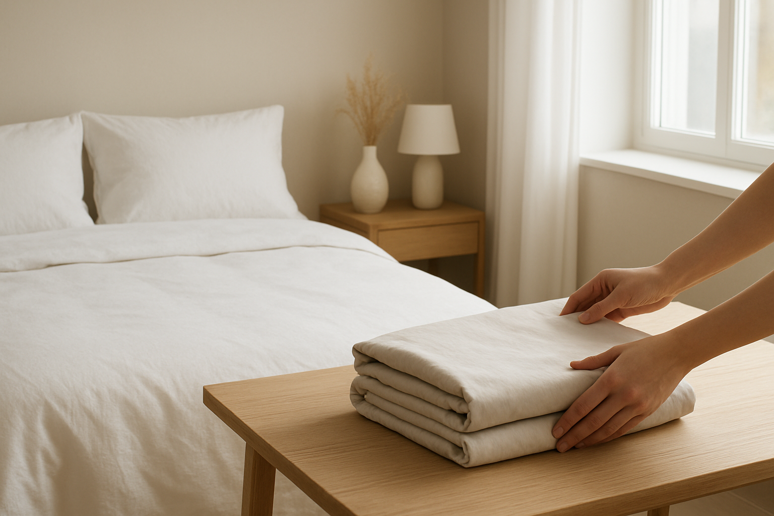 Mains en train de plier un drap housse blanc sur une table en bois, lit fait au fond, lumière naturelle, décoration minimaliste scandinave.