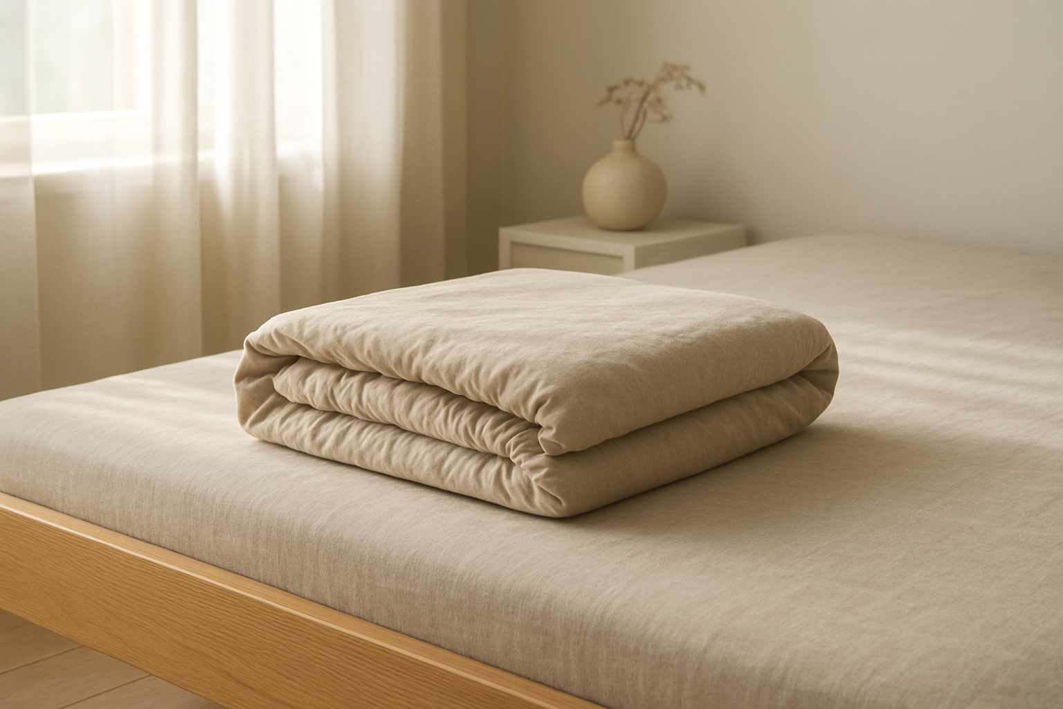 Drap housse plié en rectangle posé sur un lit en bois, lumière naturelle, décoration minimaliste.