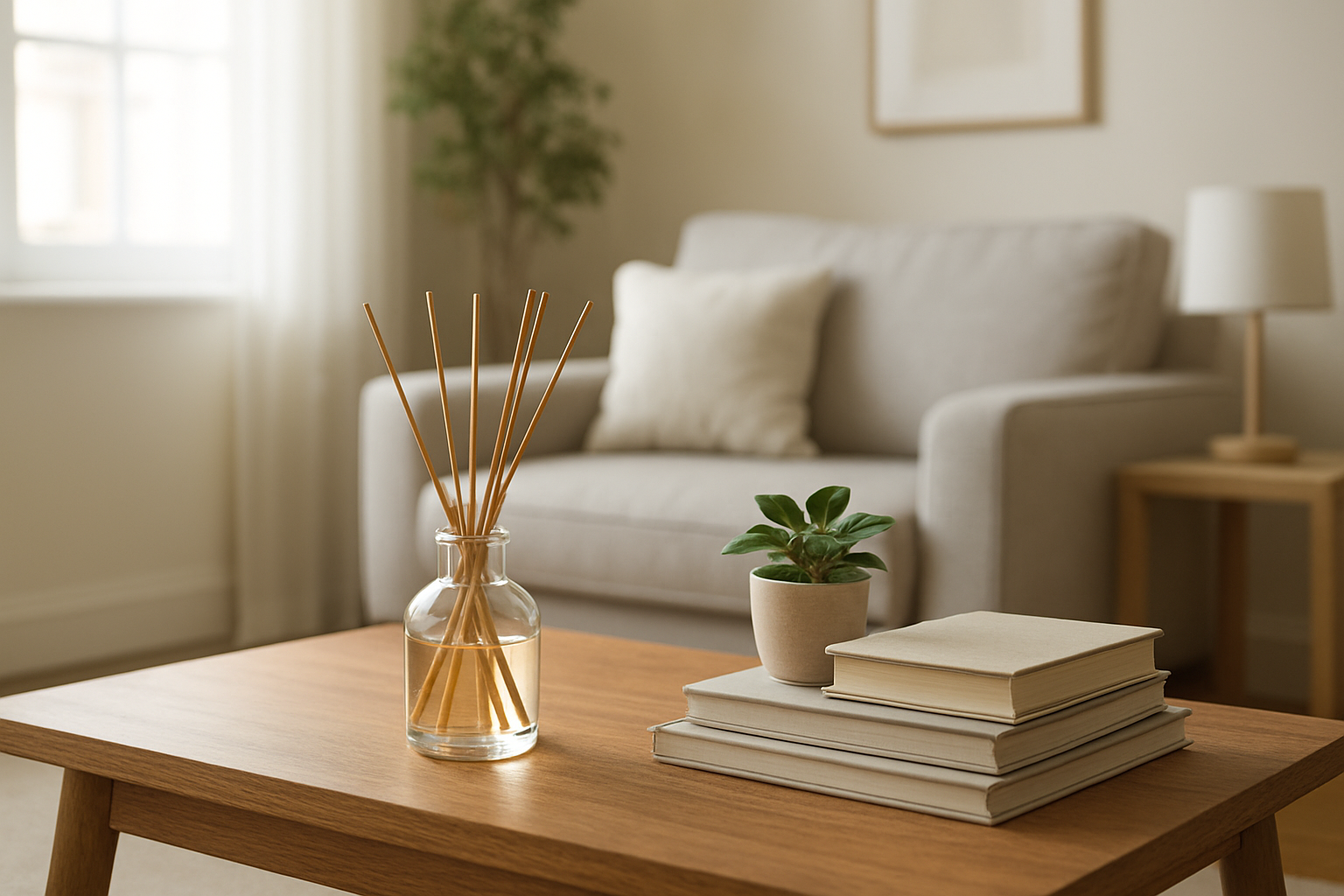 Diffuseur de parfum avec bâtonnets en verre posé sur une table basse en bois, entouré de livres et d'une plante verte, dans un salon lumineux au style épuré
