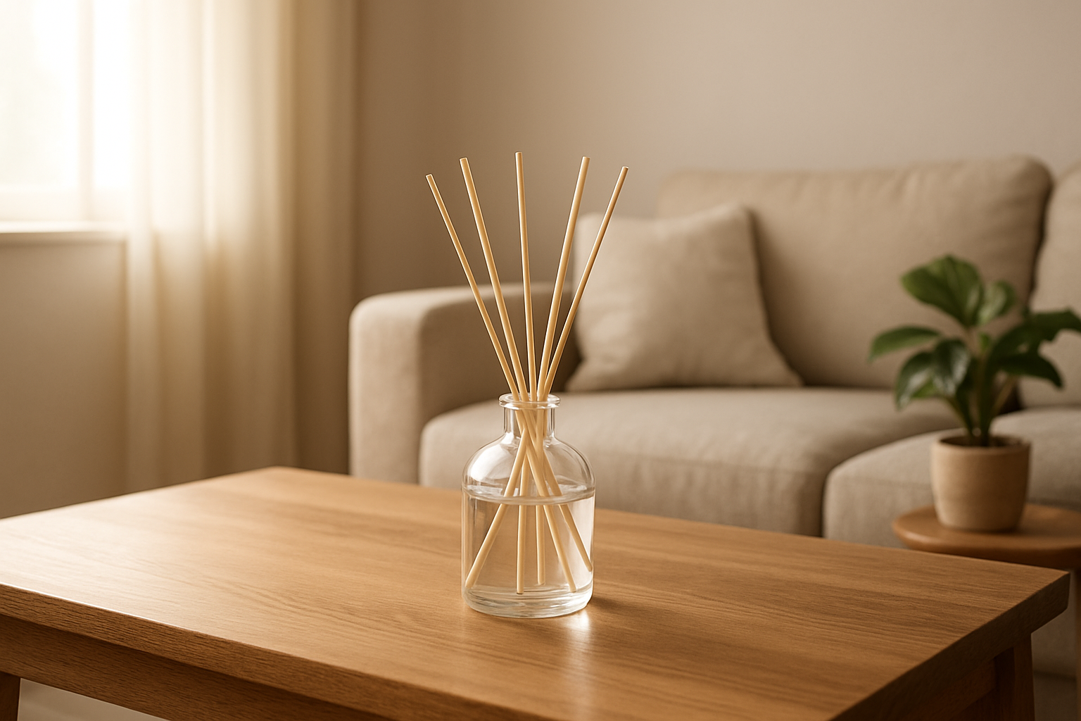 Diffuseur de parfum à bâtonnets en verre sur une table en bois dans un salon lumineux, avec canapé et plante verte en arrière-plan.