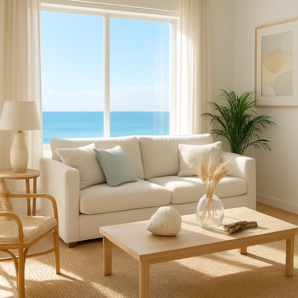 Décoration d'appartement en bord de mer avec des couleurs marines et des matériaux naturels