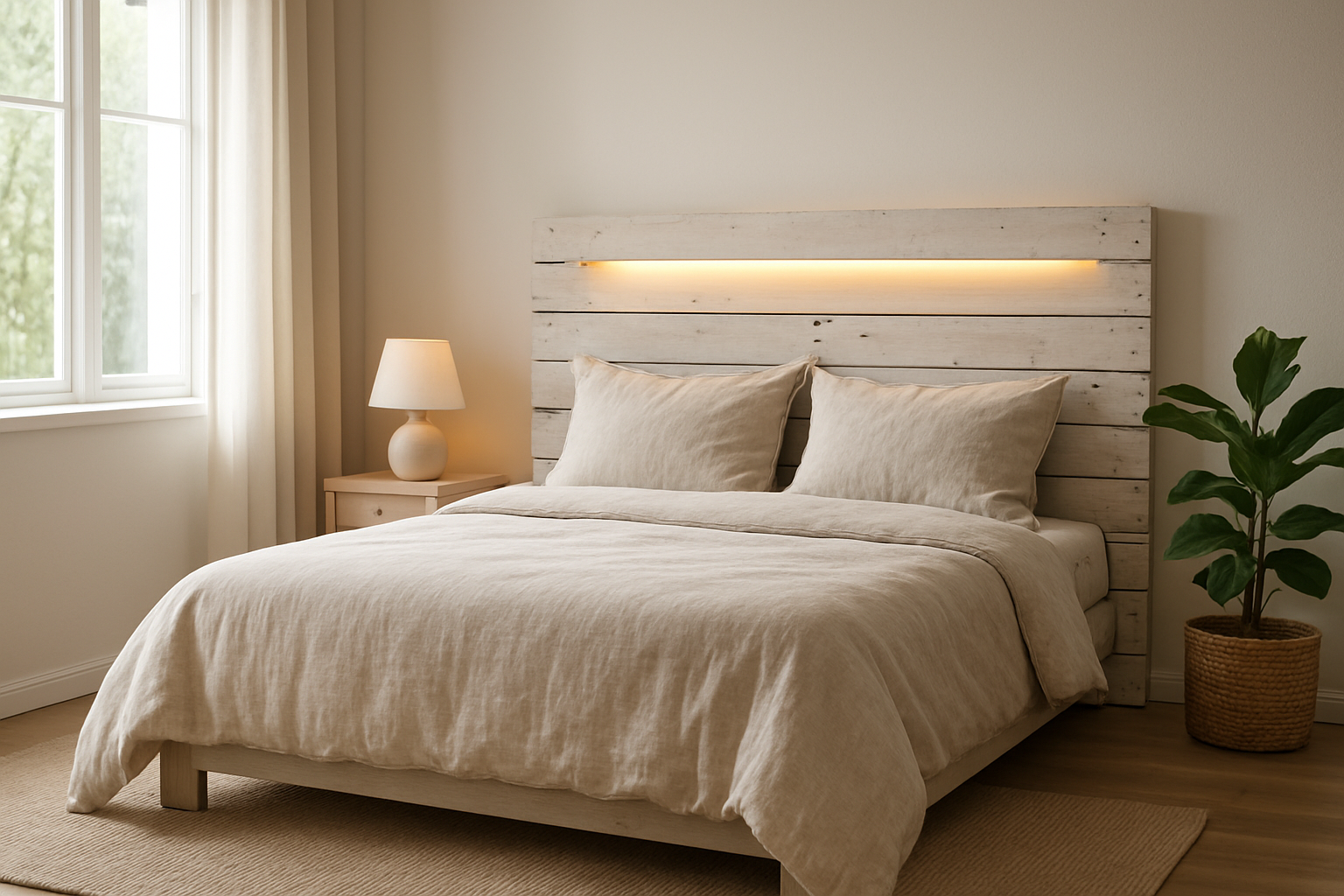 Chambre lumineuse avec tête de lit originale en palettes blanches et bande LED, lit en lin neutre, style scandinave minimaliste