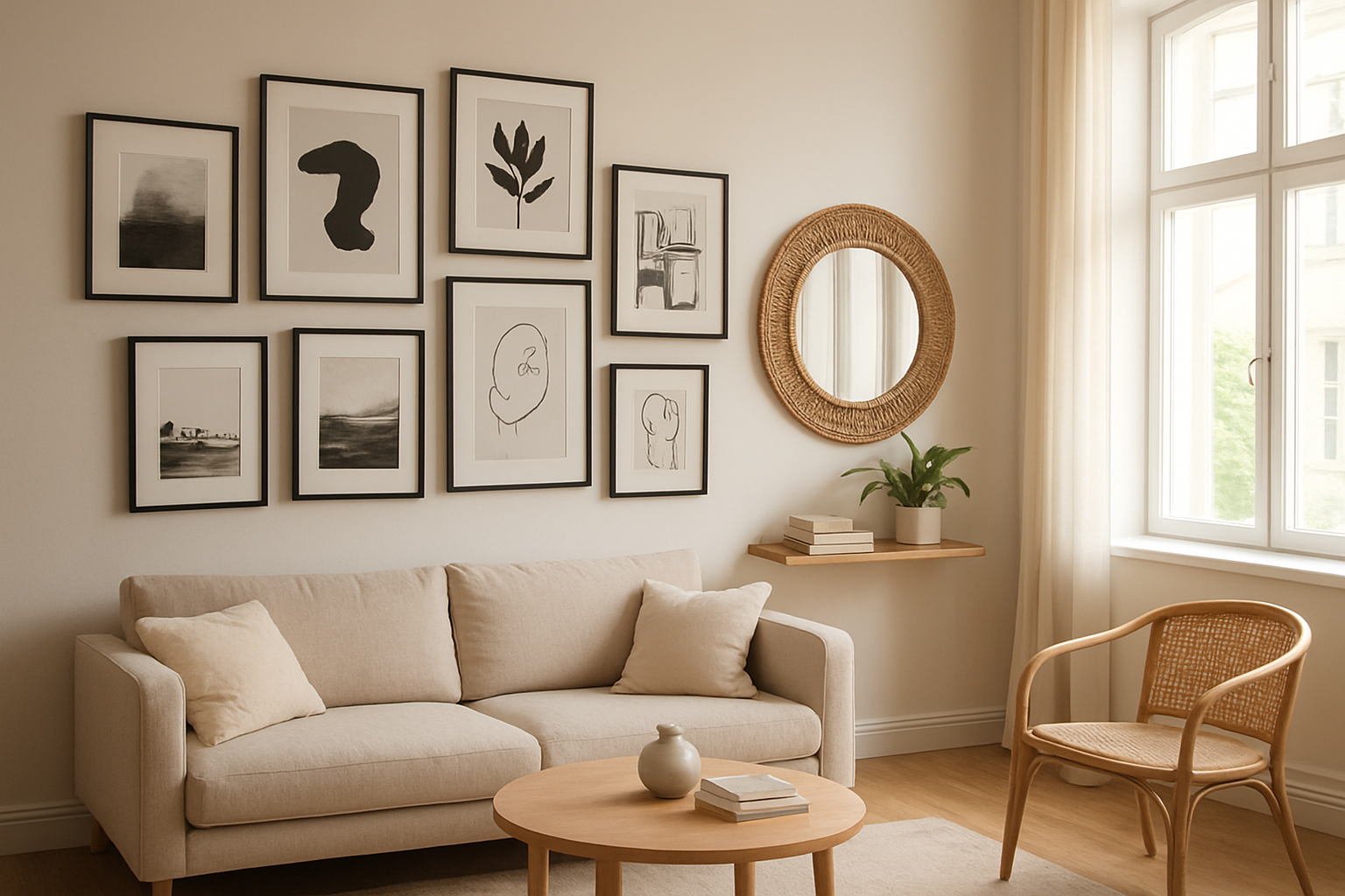 Composition de cadres et miroir rond sur mur blanc dans un salon lumineux avec étagère en bois et plante verte