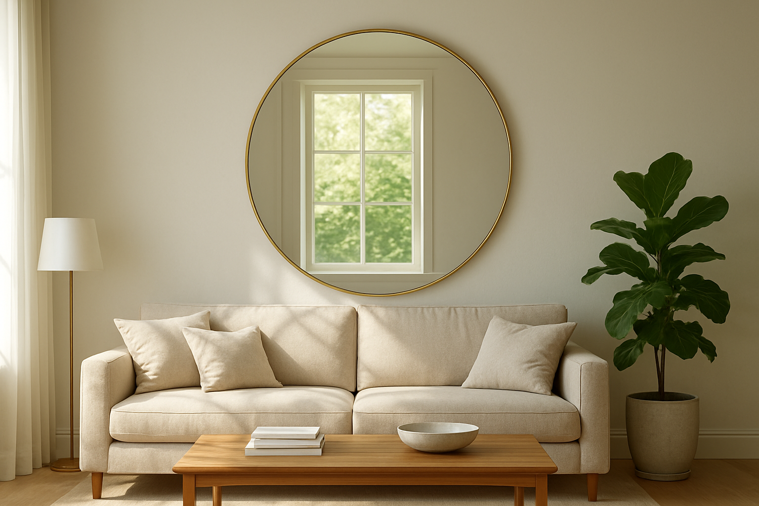 Grand miroir rond à cadre doré dans un salon lumineux, reflétant une fenêtre et agrandissant visuellement l'espace