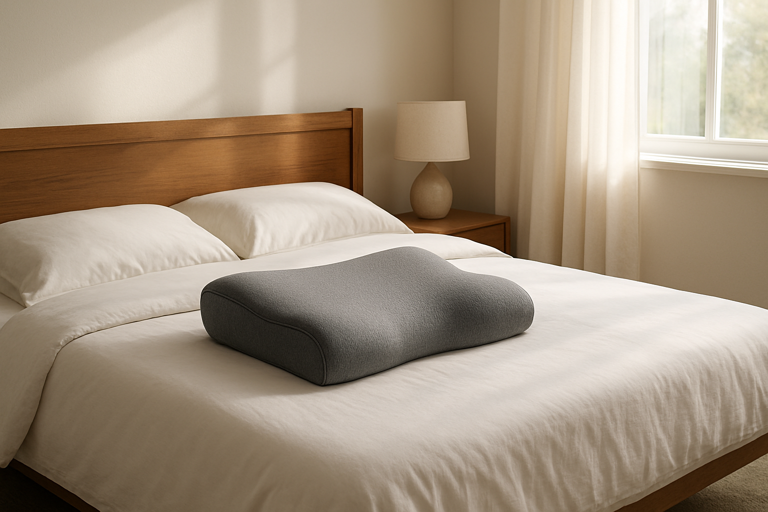 Oreiller Derila en mousse à mémoire de forme posé sur un lit blanc dans une chambre minimaliste baignée de lumière naturelle