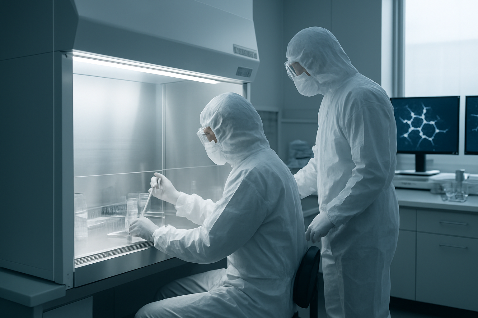 Laboratoire de recherche avec des scientifiques en combinaison de protection manipulant des échantillons de bactéries miroir sous hotte à flux laminaire, avec écrans affichant des structures moléculaires chirales.