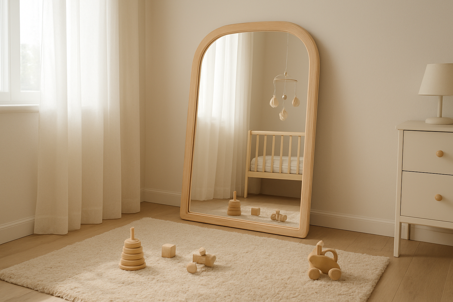 Miroir d'éveil en bois dans une chambre de bébé lumineuse, reflétant des jouets et un mobile, sur un tapis beige.