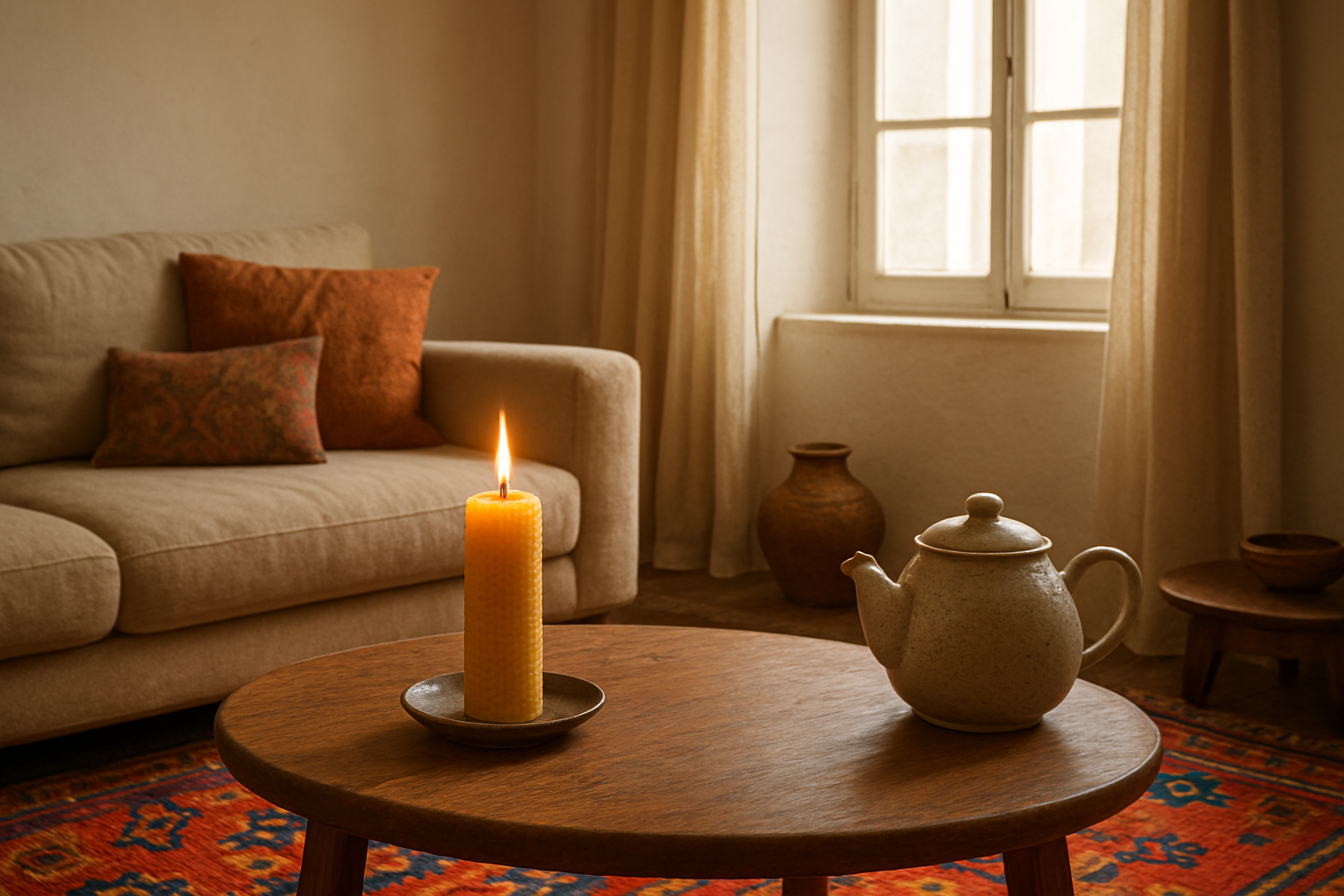 Bougie Algérie artisanale en cire d'abeille posée sur une table en bois, entourée d'une théière en céramique et d'un tapis berbère, dans un salon baigné de lumière naturelle.
