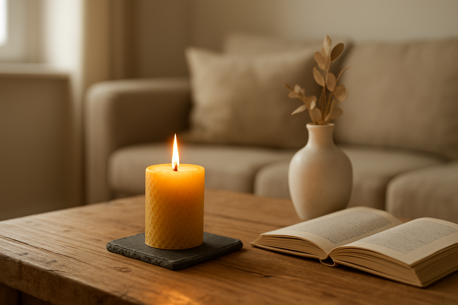 Bougie cire d'abeille artisanale jaune allumée sur une table en bois avec un vase en céramique, ambiance intérieure chaleureuse