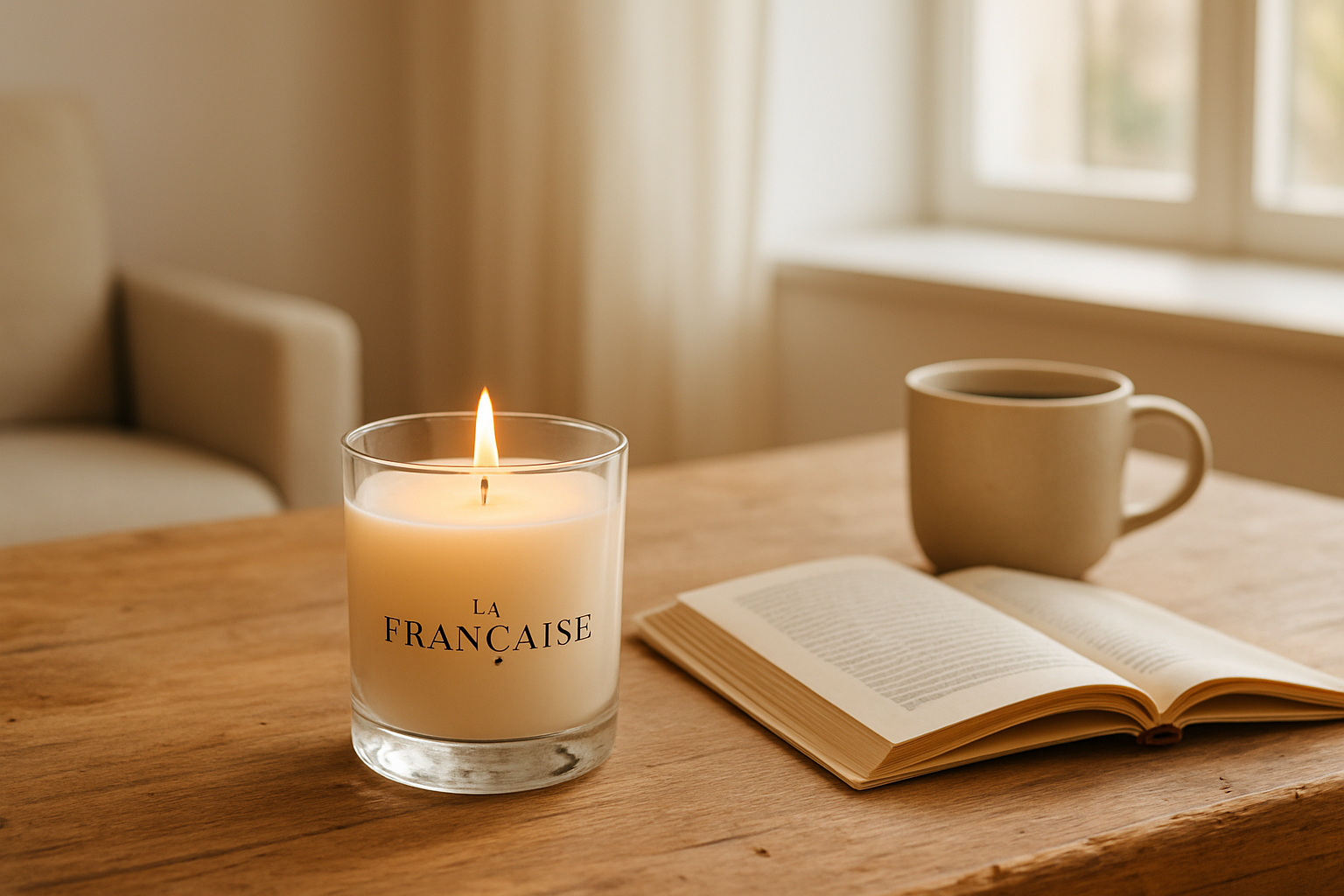 Bougie La Française allumée sur une table en bois, entourée d'un livre et d'une tasse, éclairant un intérieur chaleureux