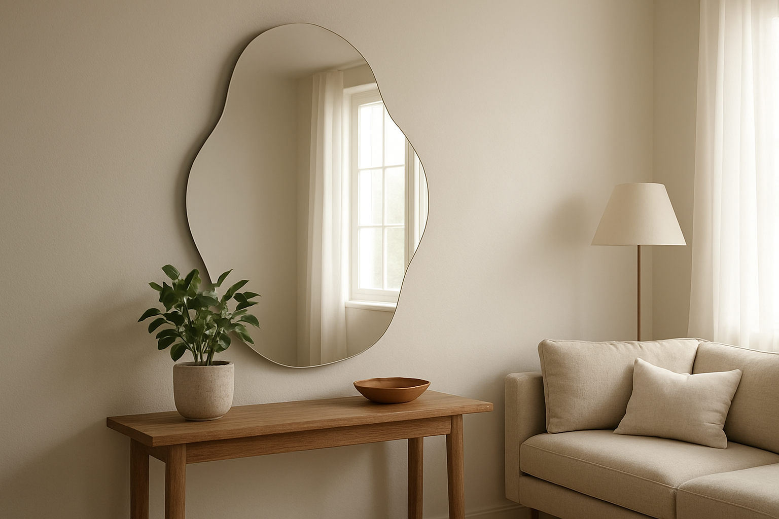 Miroir forme organique sans cadre dans un salon lumineux au style minimaliste, reflétant une fenêtre et une plante verte.