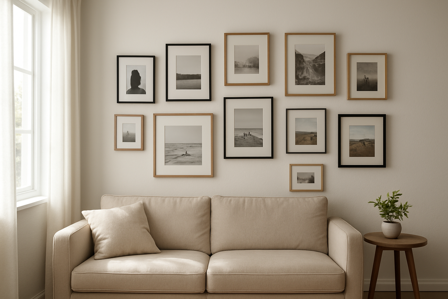 Galerie murale de cadres photo design en bois et métal, sur un mur blanc dans un salon moderne avec canapé beige et lumière naturelle