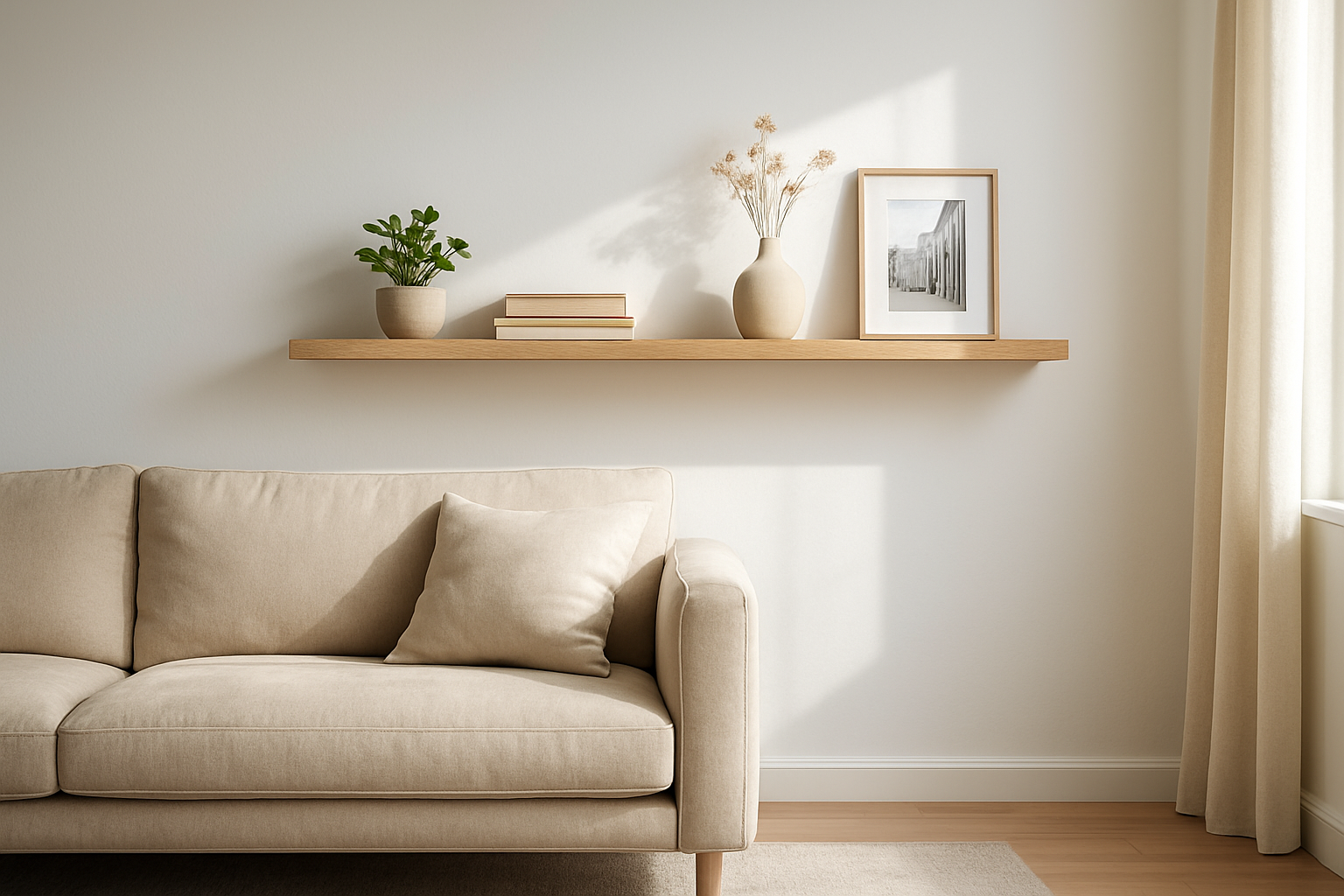 Étagère flottante en bois clair dans un salon lumineux, avec plante verte, livres et vase décoratif, style scandinave.