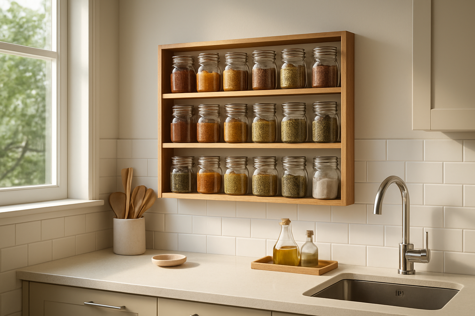 Étagère épice murale en bois dans une cuisine moderne, avec des pots en verre remplis d'épices colorées, éclairée par la lumière naturelle