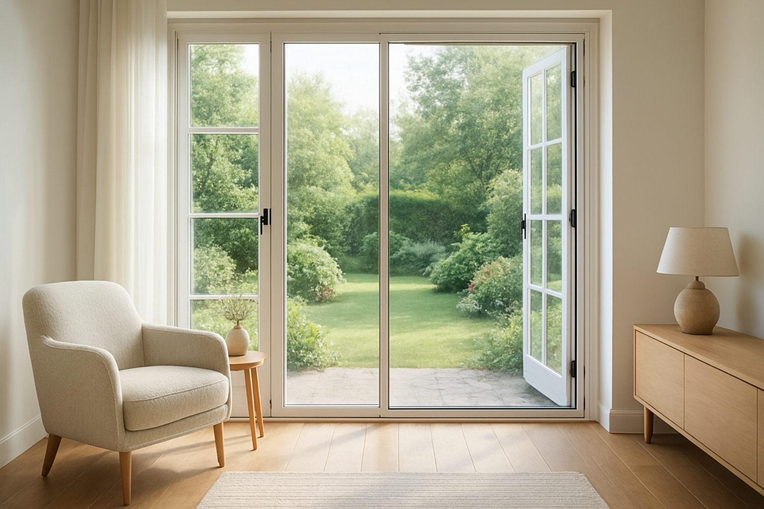 Moustiquaire sur mesure enroulable installée sur une porte-fenêtre dans un salon lumineux, laissant filtrer la lumière naturelle.