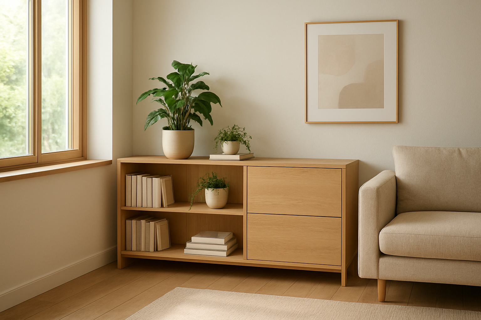 Meuble d'angle rangement en bois clair avec étagères et tiroirs dans un salon lumineux, décoré de plantes et de livres