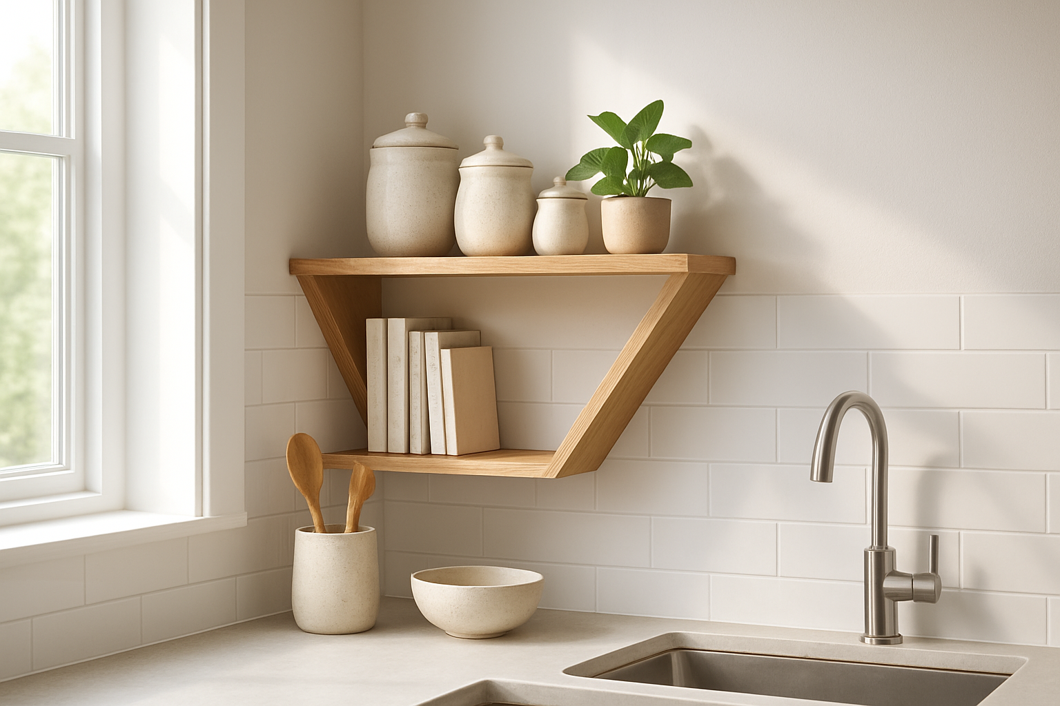 Étagère d'angle cuisine en bois avec pots en céramique, plante verte et livres de cuisine, éclairée par la lumière naturelle d'une fenêtre