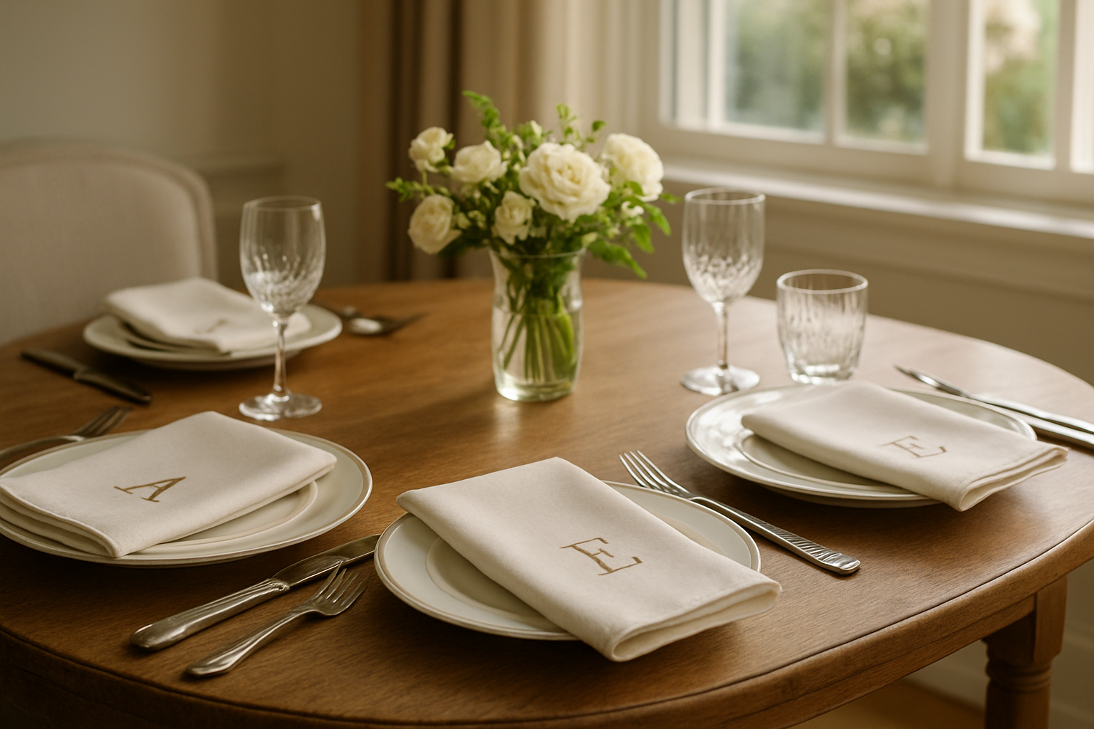 Table dressée avec des serviettes de table personnalisées brodées de monogrammes, pliées avec élégance, dans une lumière naturelle tamisée, vaisselle fine et centre de table floral.