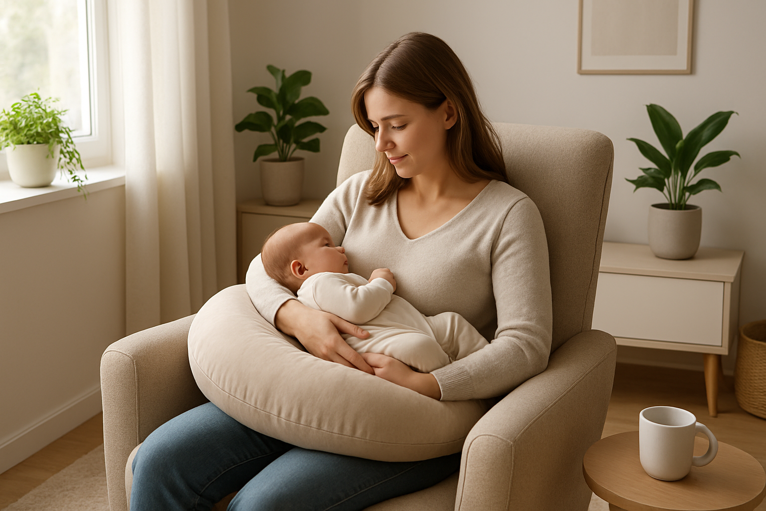 Coussin d'allaitement Doomoo beige autour de la taille d'une maman allaitant son bébé dans un salon lumineux avec plantes vertes