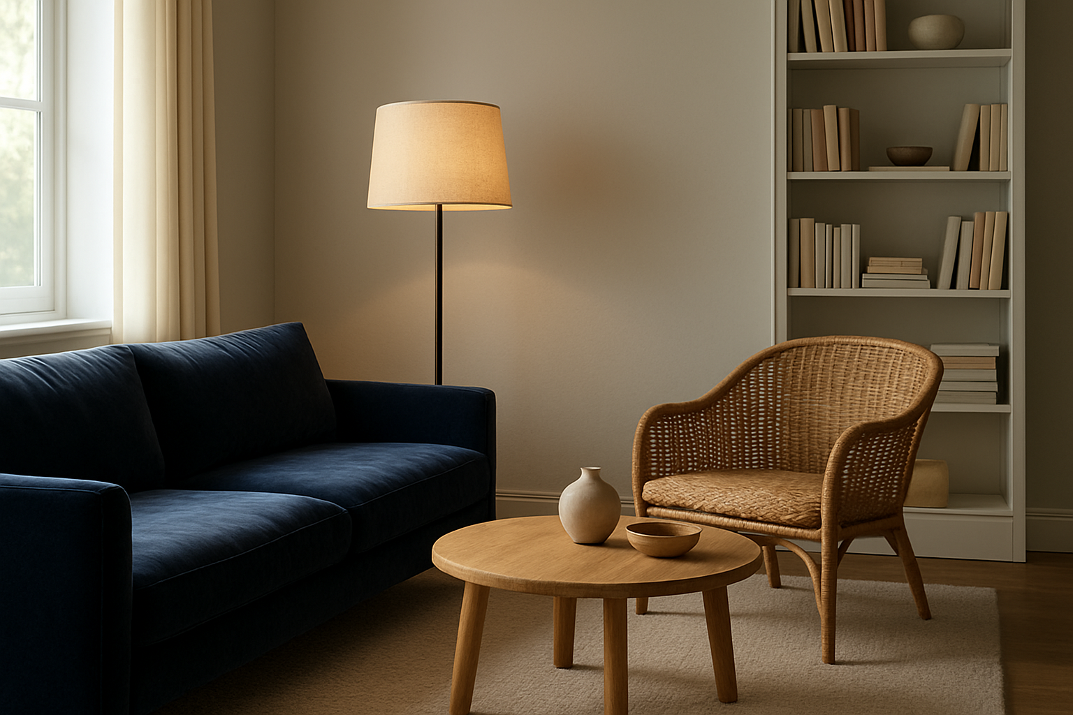 Abat-jour sur pied en lin beige éclairant un salon moderne avec canapé bleu et fauteuil en rotin, ambiance cosy.