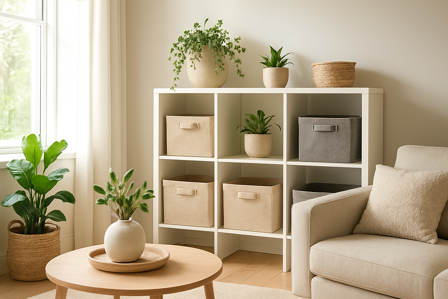 Étagère blanche avec paniers déco rangement en tissu beige et gris, plantes vertes, lumière naturelle, intérieur salon moderne et ordonné.