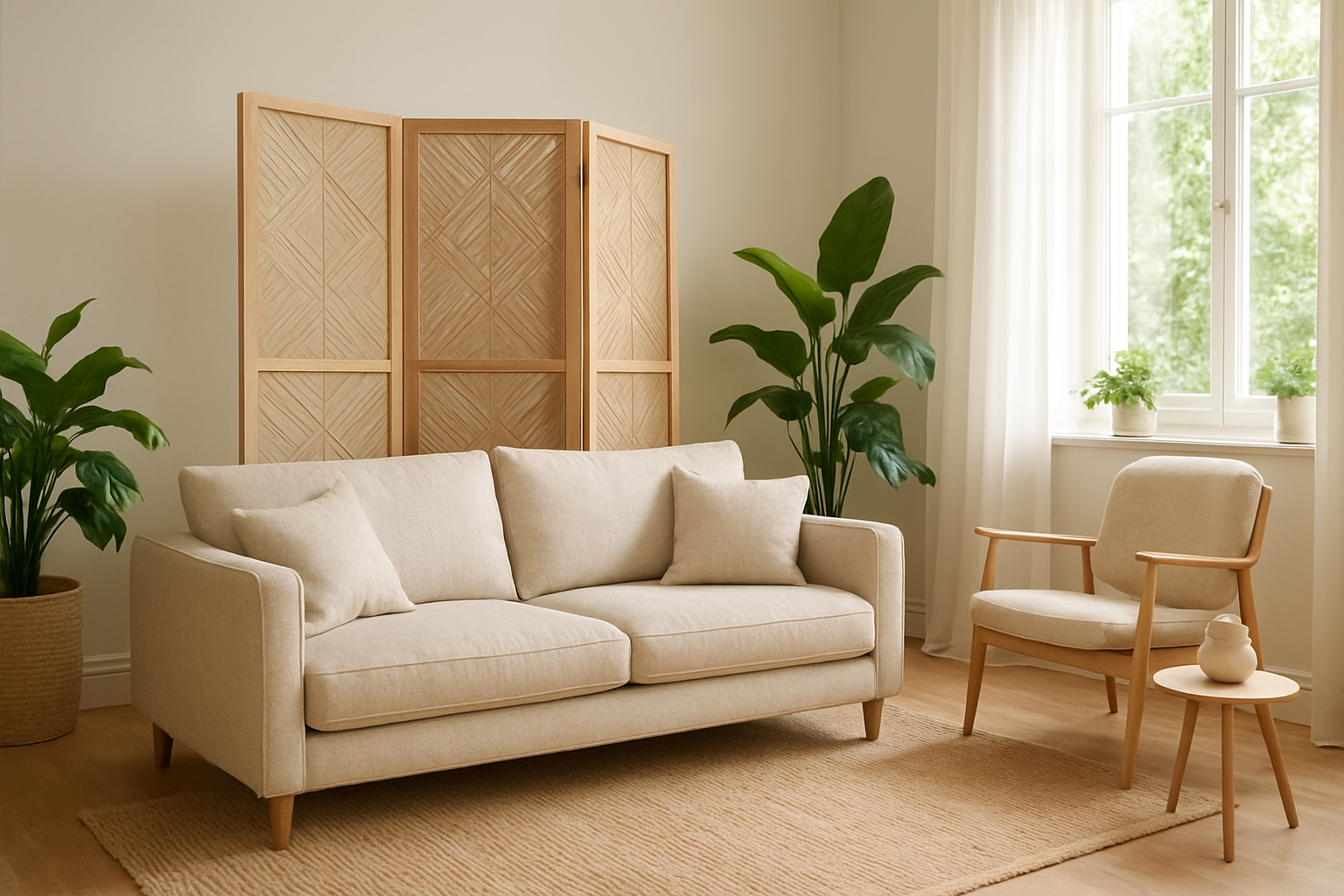 Paravent Lyon en bois clair à trois panneaux dans un salon lumineux, séparant un coin lecture avec canapé beige et plantes vertes