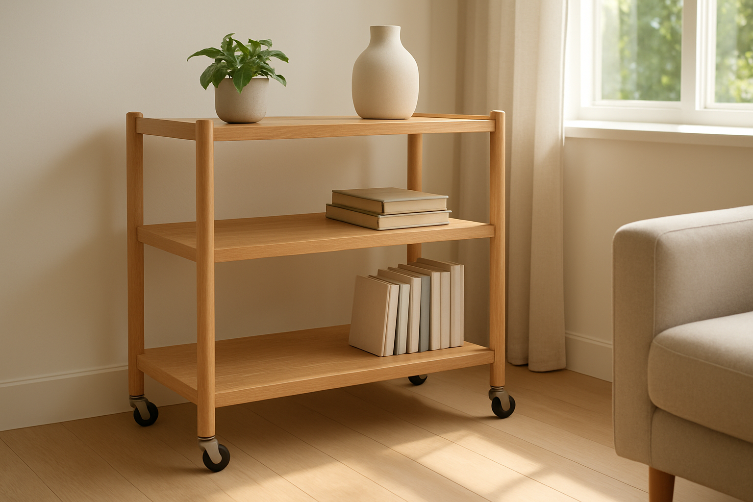 Étagère à roulettes en bois clair avec livres et plante verte dans un salon lumineux, près d'une fenêtre.