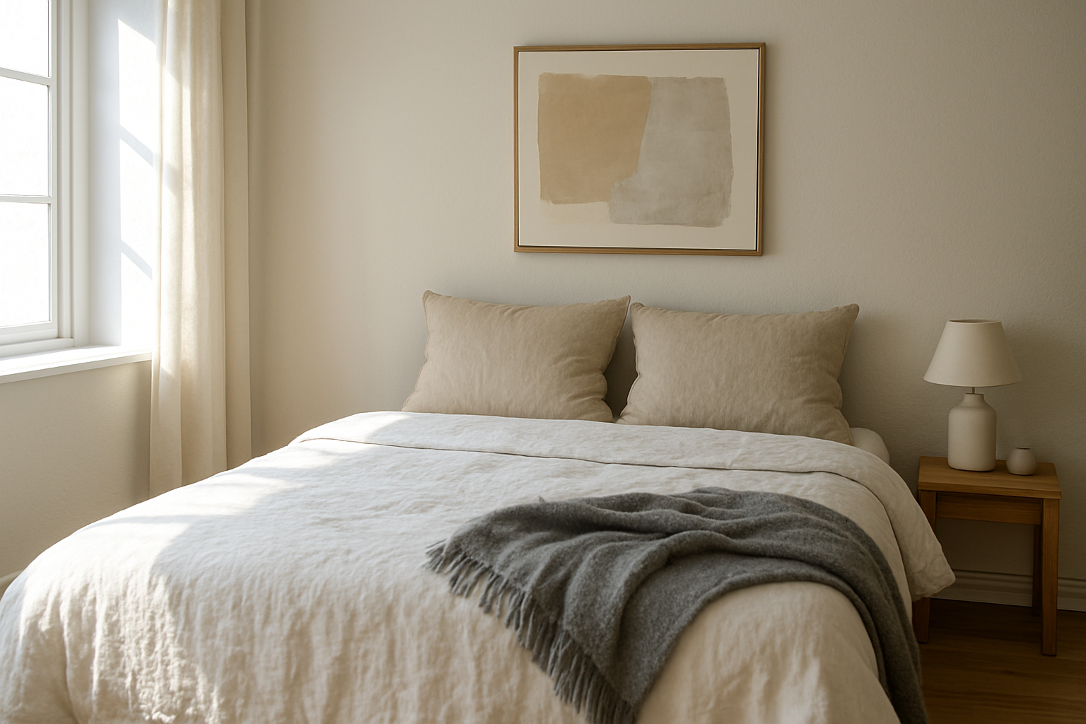 Lit en 160 avec housse de couette blanche en coton, oreillers en lin beige et plaid gris dans une chambre lumineuse au style épuré.