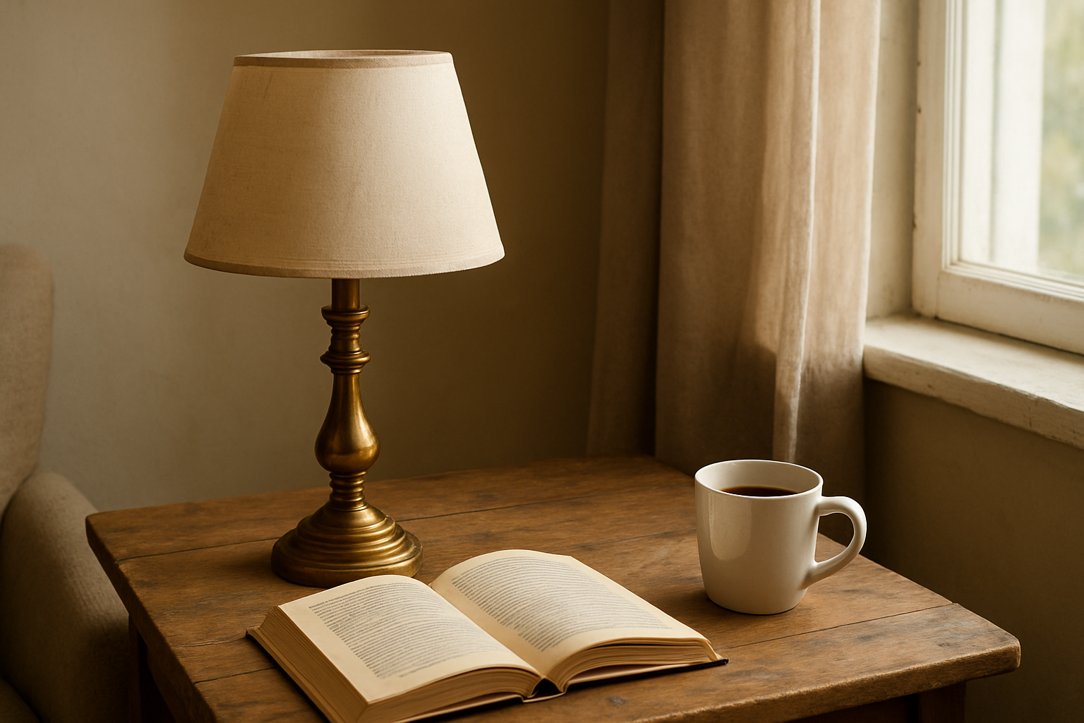 Lampe à histoire vintage en laiton avec abat-jour crème sur table en bois, livre et café à côté, lumière naturelle