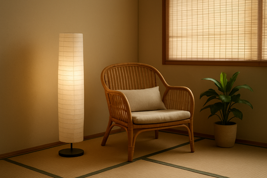 Lampadaire japonais en papier washi blanc diffusant une lumière chaude dans un salon zen avec fauteuil en rotin et plante verte sur fond de mur beige et tatami.