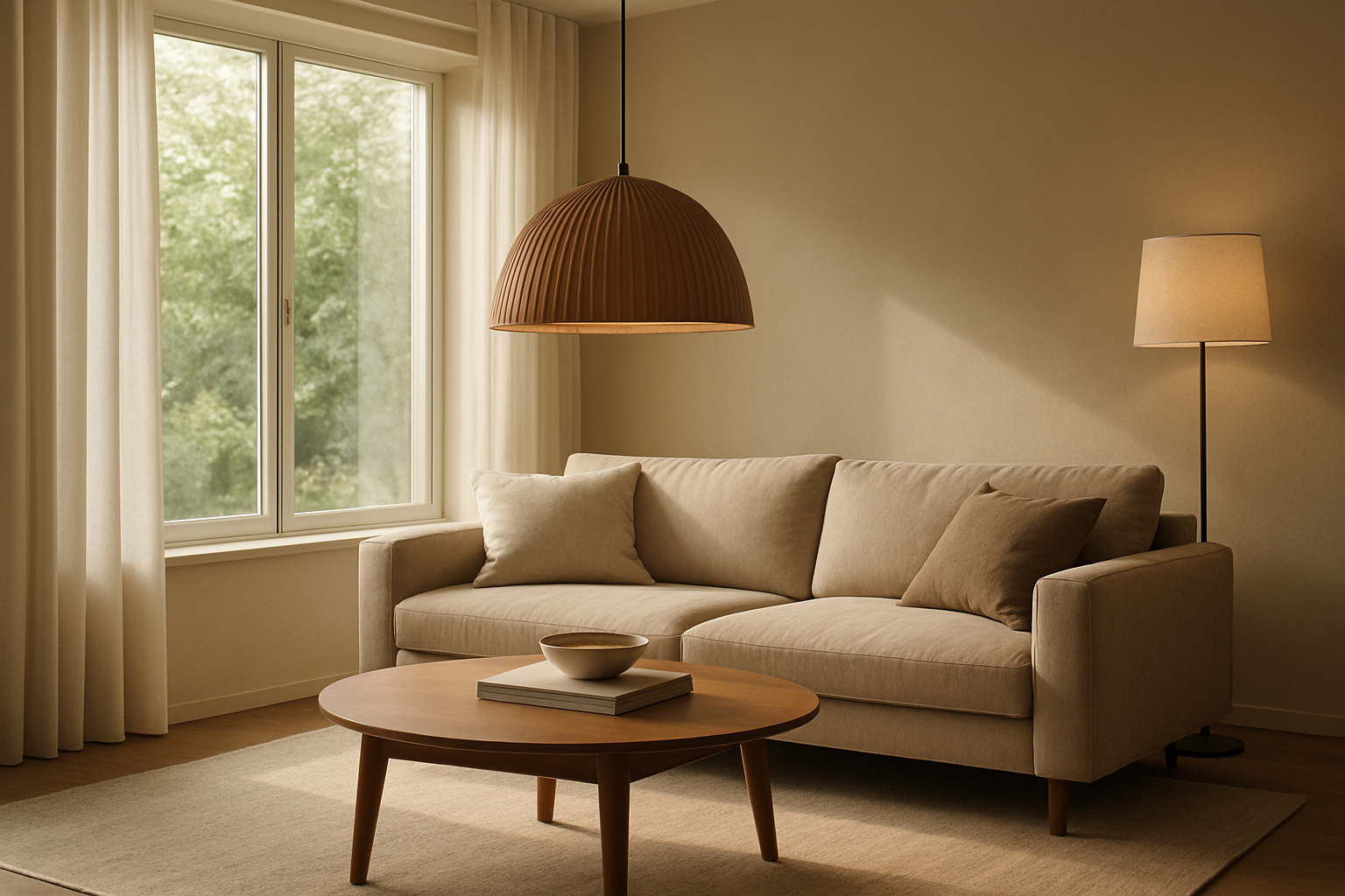 Salon moderne avec suspension design au-dessus d'une table basse en bois, canapé beige et lampadaire d'ambiance, lumière naturelle entrant par une fenêtre, décoration intérieure lumineuse