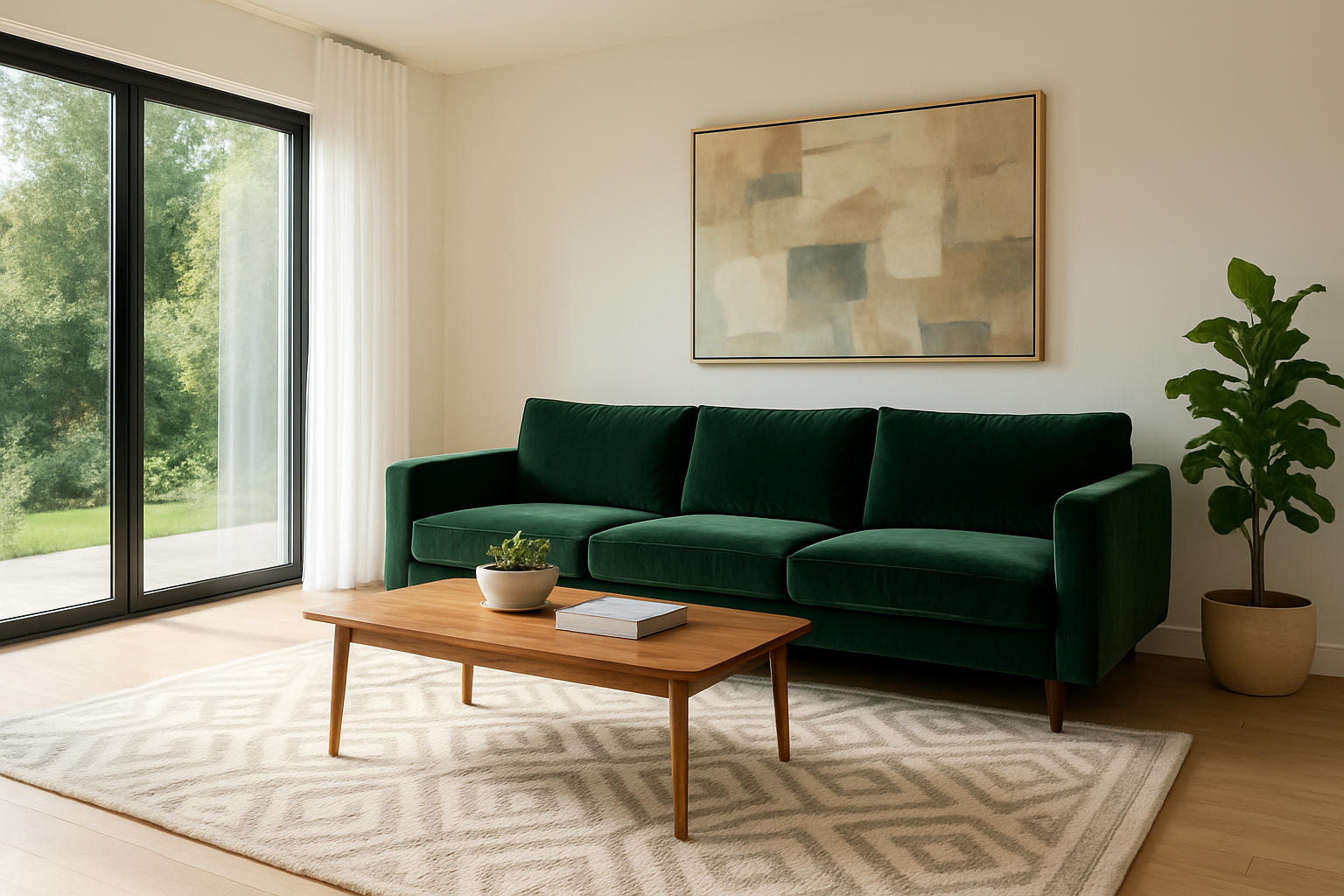 Salon moderne avec tapis Saint Maclou en laine beige à motifs géométriques sous un canapé vert et une table basse en bois, lumière naturelle