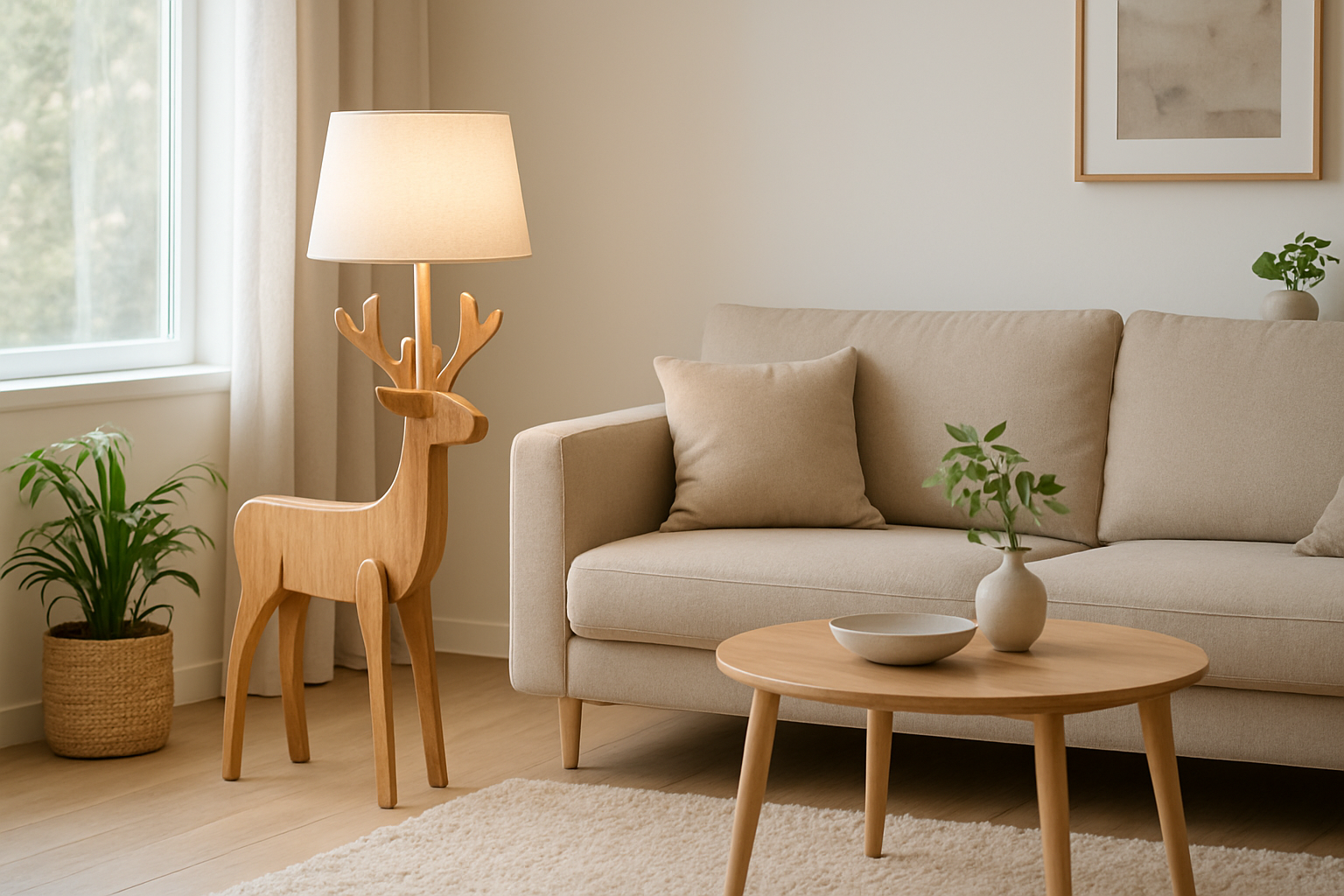 Luminaire à rennes en bois dans un salon scandinave avec canapé beige et lumière naturelle