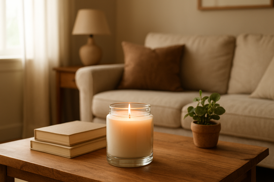 Grande bougie parfumée en pot posée sur une table basse en bois, entourée de livres et d'une plante verte, dans un salon lumineux et cosy.
