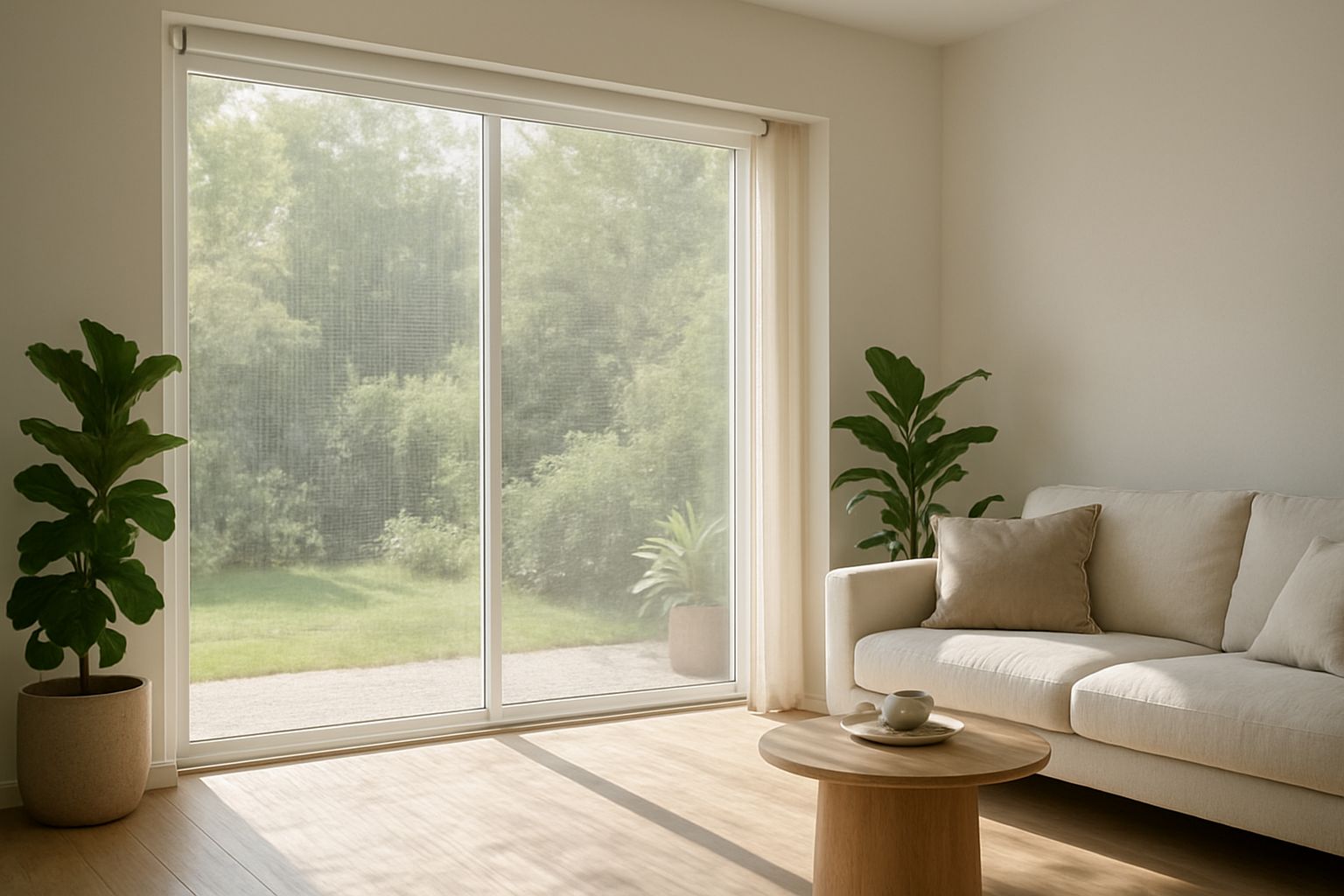 Moustiquaire à enrouleur blanche installée sur une fenêtre de salon, laissant passer la lumière naturelle avec un filet fin visible, cadre aluminium discret, intérieur lumineux avec plantes vertes.