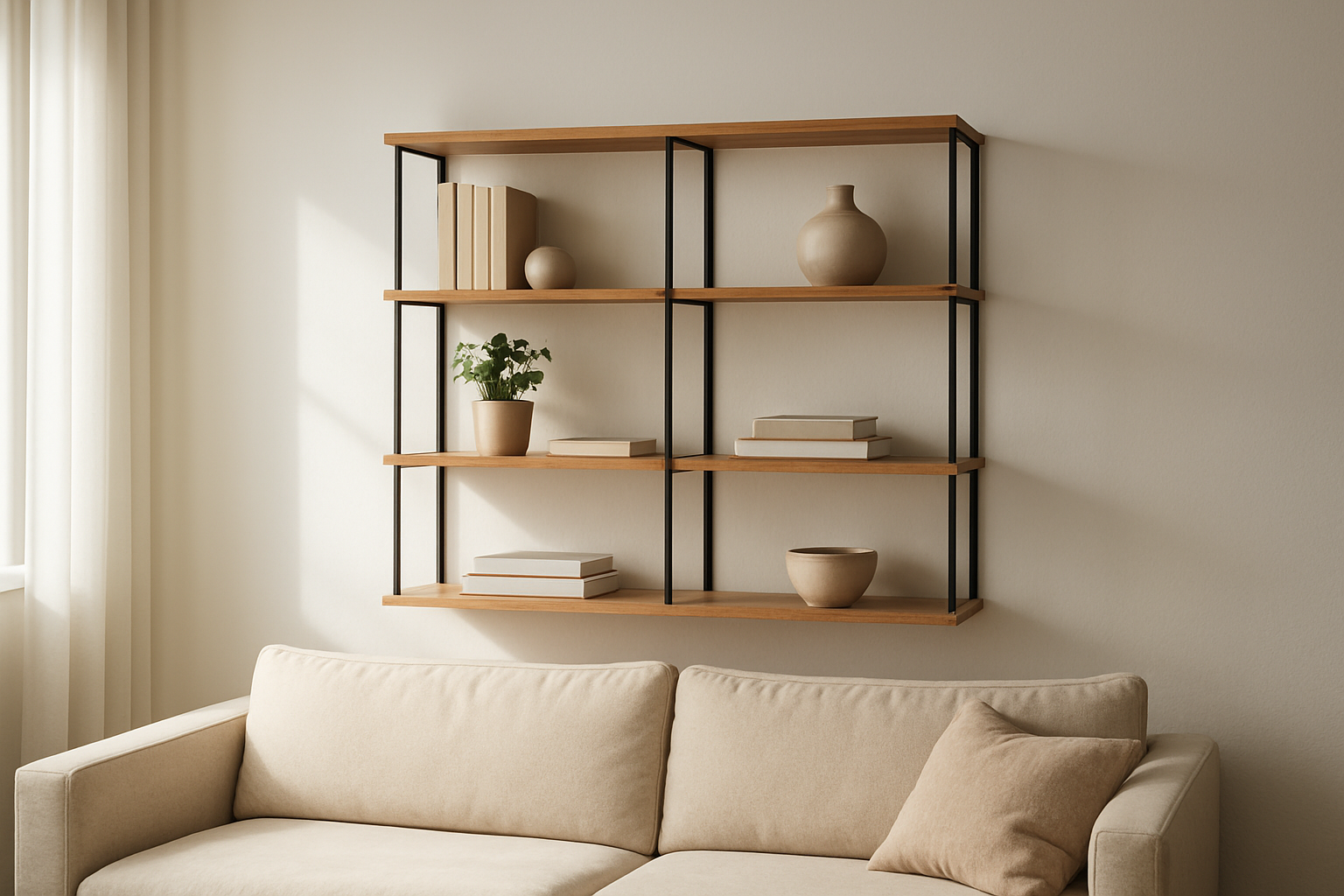 Étagère murale design en bois et métal noir dans un salon lumineux, avec livres et décoration, au-dessus d'un canapé beige.
