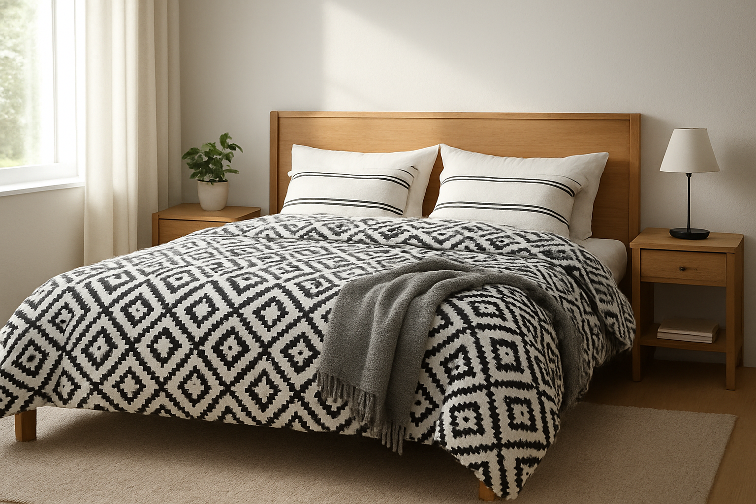 Lit king-size avec housse de couette noir et blanche à motif géométrique, dans une chambre scandinave lumineuse avec tête de lit en bois et coussins rayés