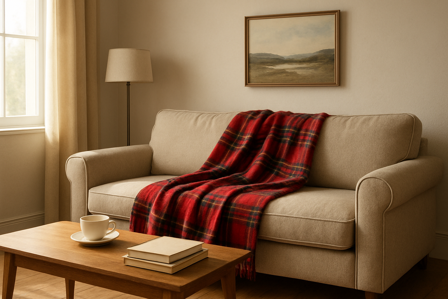 Plaid écossais rouge et noir drapé sur un canapé beige dans un salon lumineux, avec une table basse en bois et une tasse de thé.