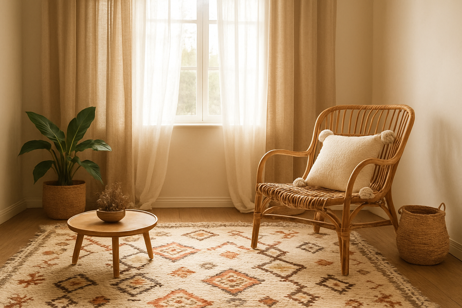 Rideau bohème en lin beige et voilage blanc dans un salon lumineux avec tapis berbère et fauteuil en rotin