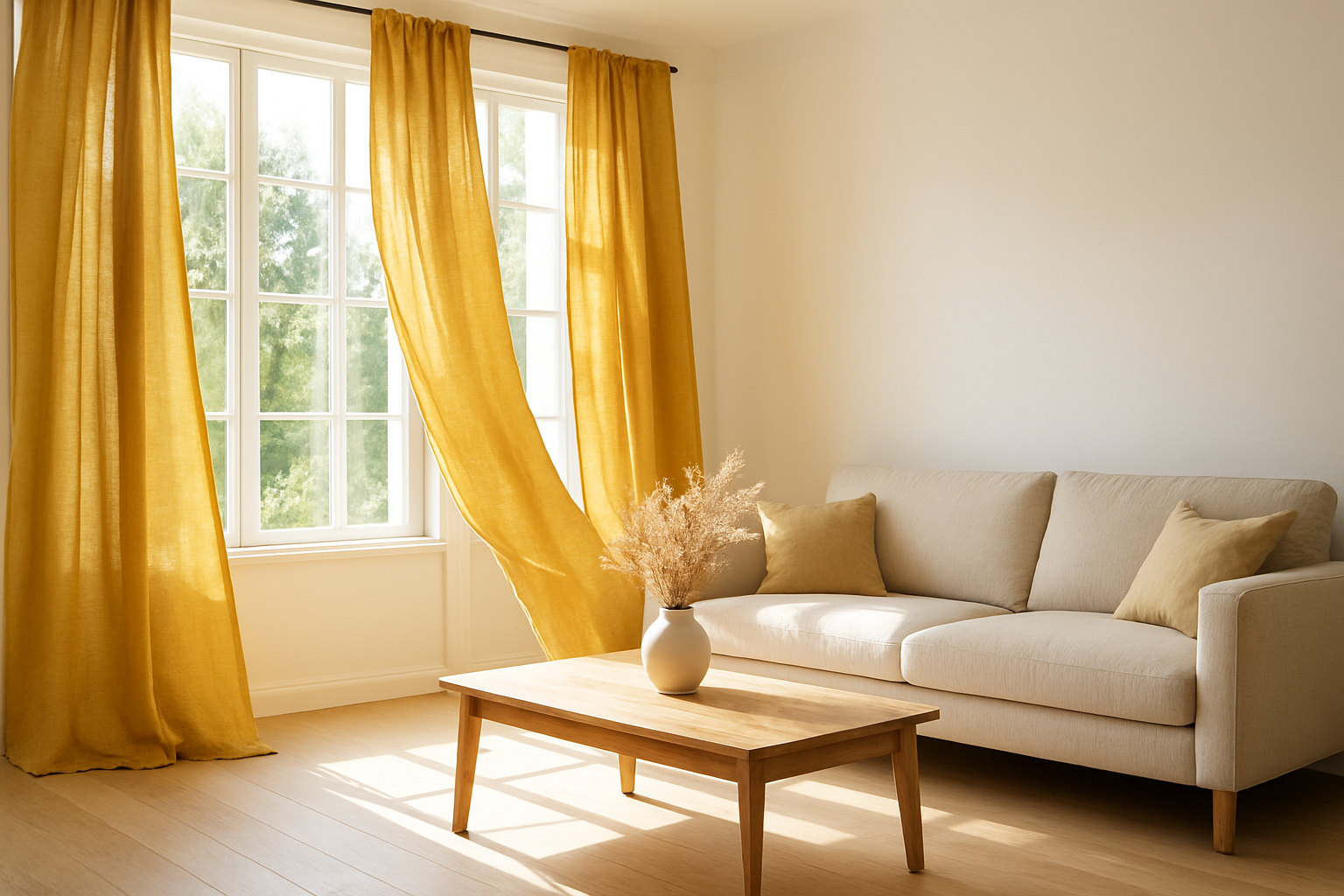Salon lumineux avec rideaux jaunes moutarde en lin, canapé beige et table basse en bois, lumière naturelle traversant les fenêtres.