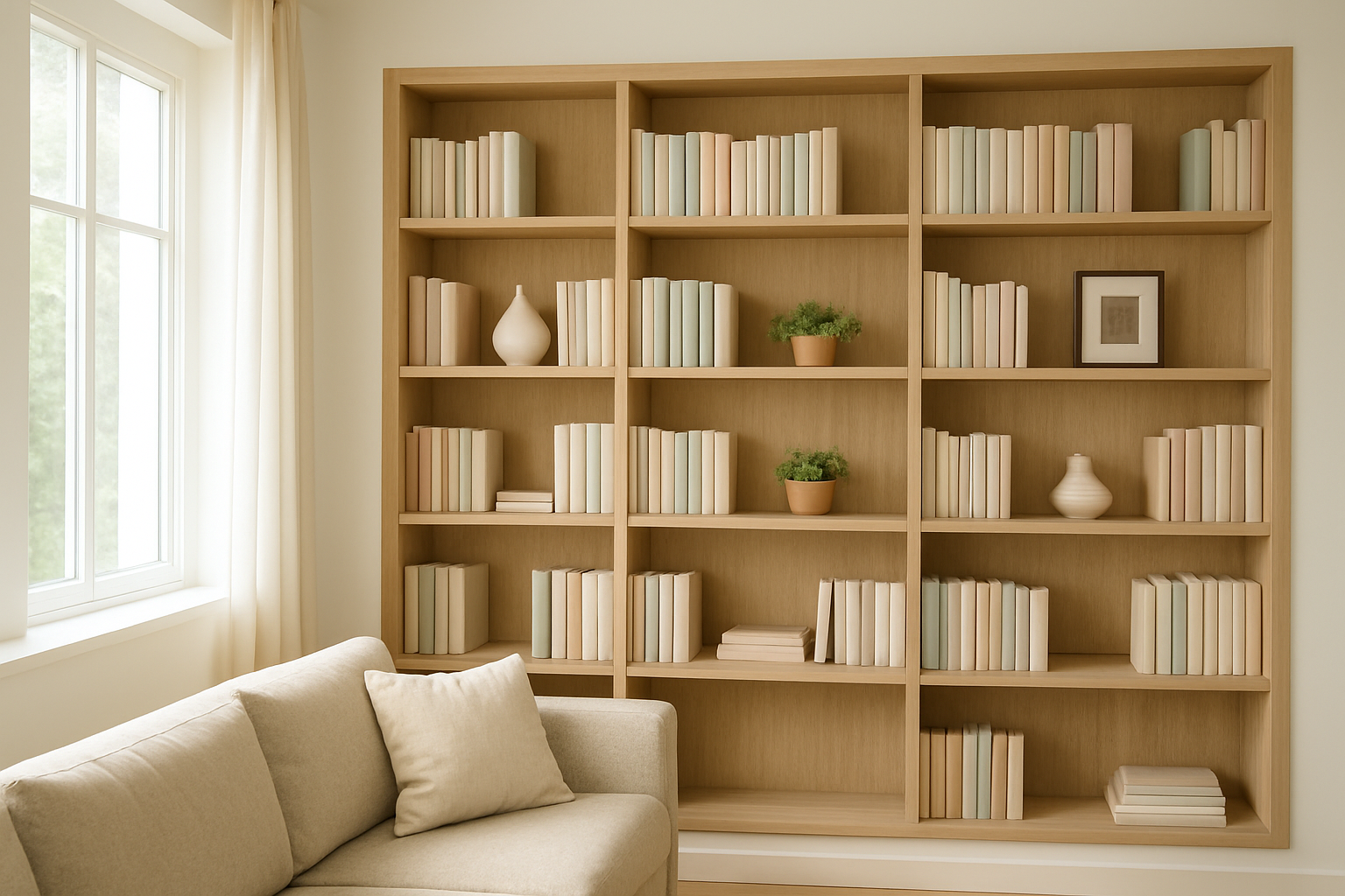 Bibliothèque en bois clair dans un salon lumineux, avec livres, vase blanc et plante verte sur les étagères, lumière naturelle